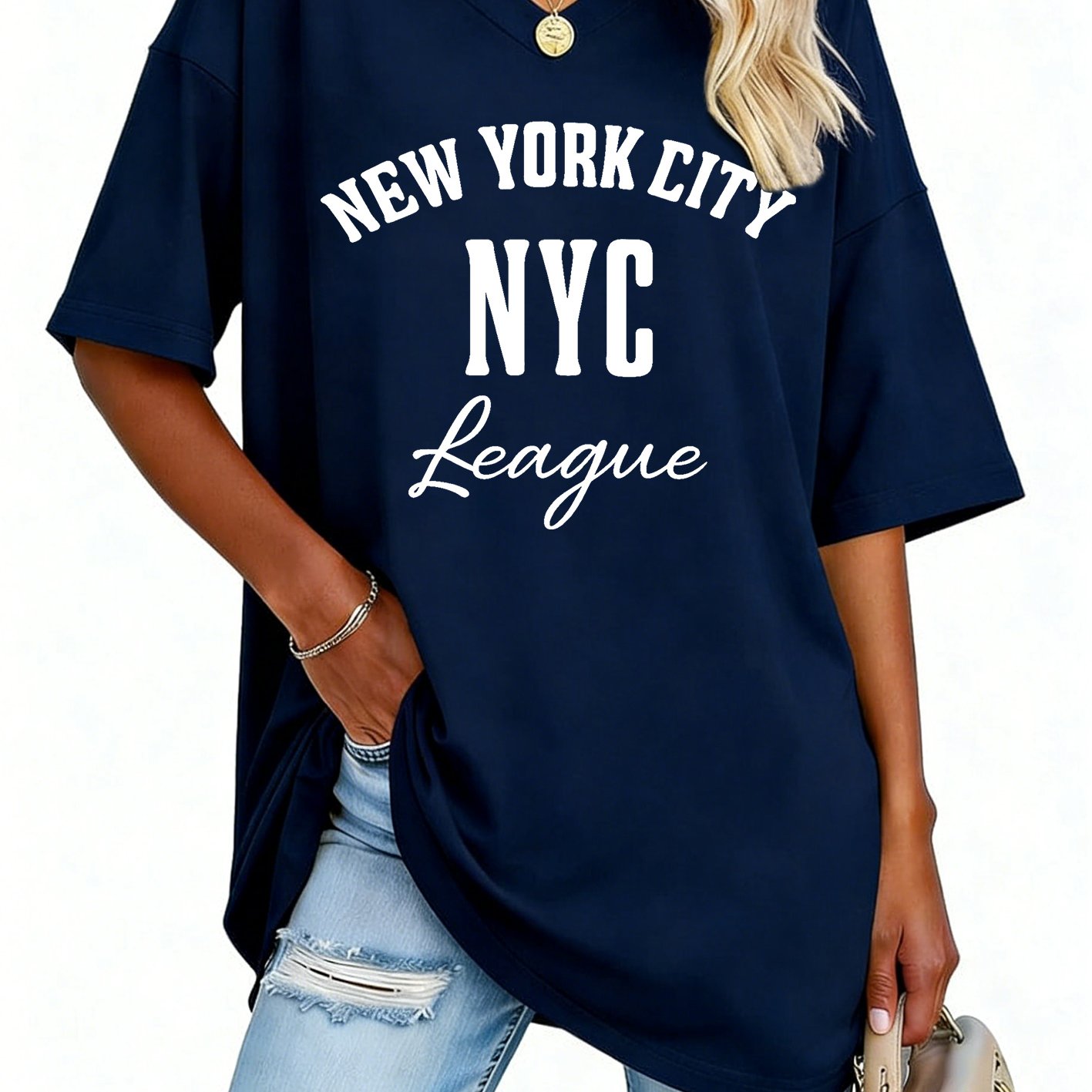 TEMU Women S Fashion V Neck Tee Featuring Relaxed Drop Shoulders