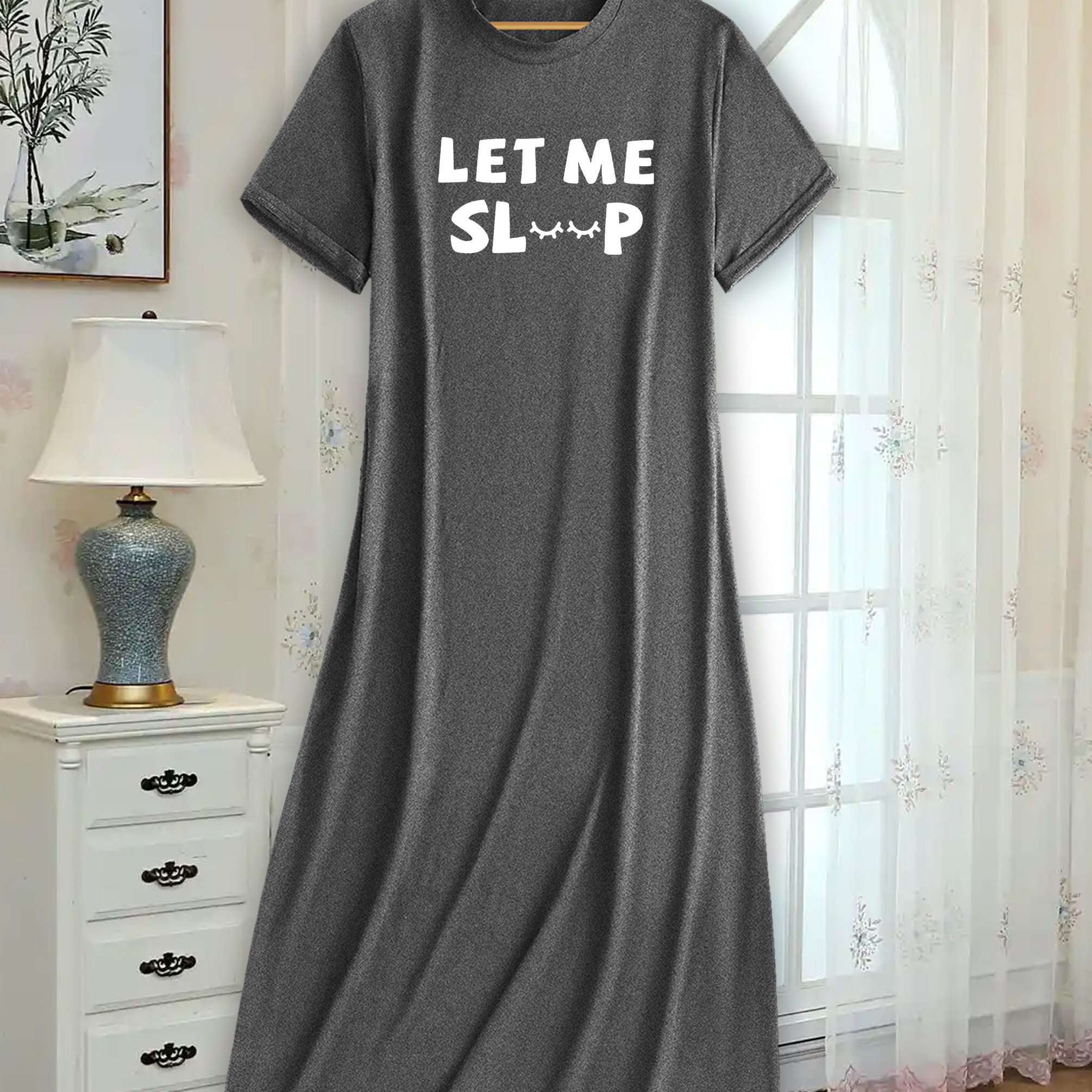 TEMU Women's " Sleep" Print Nightdress - Loose A-line Sleep Dress With Short Sleeves & Round Neck, Machine Washable Pajama, Comfortable Homewear