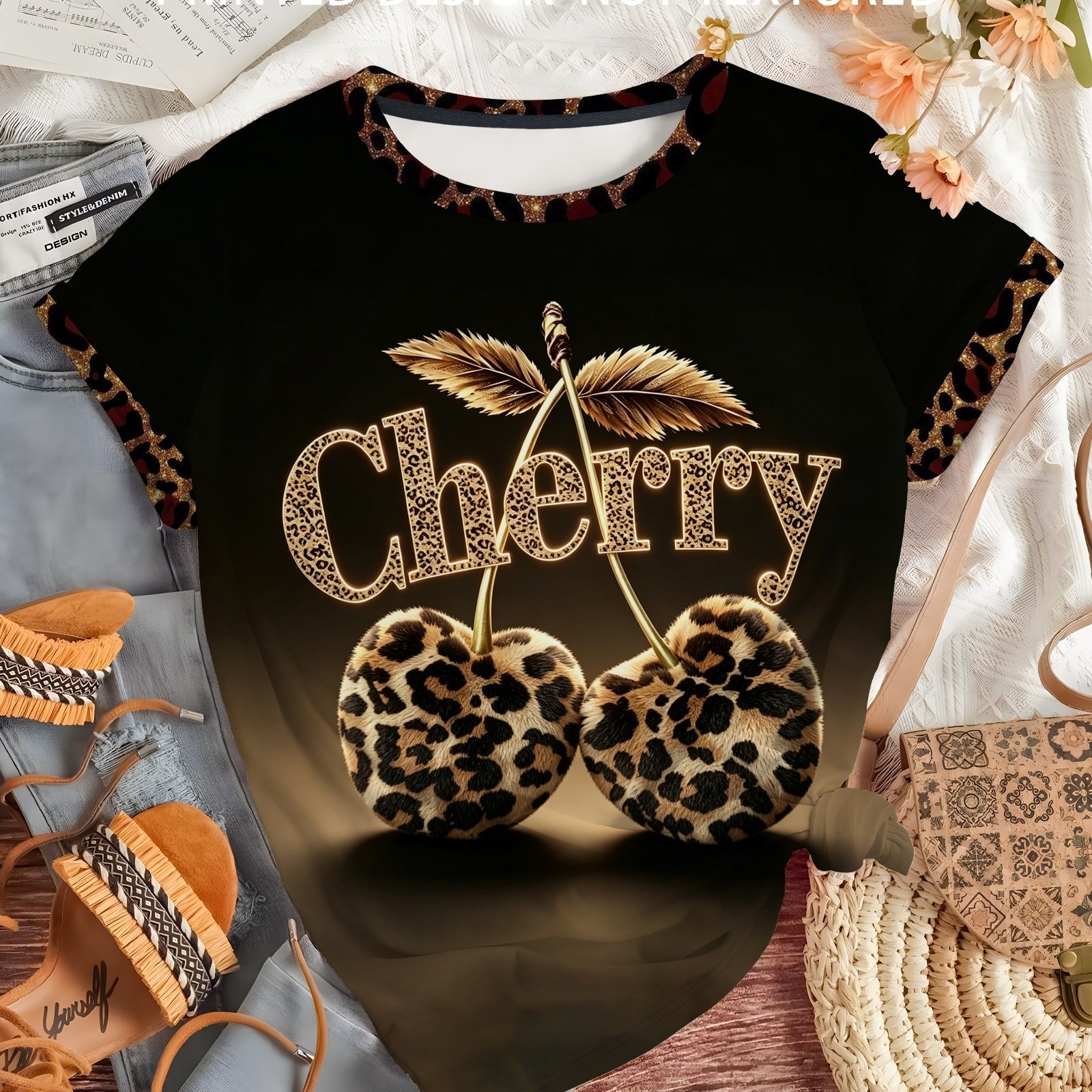 TEMU Print Cherry Contrasting Collar Pattern Short Sleeve, Slim Fit, Versatile, Daily , Sweet And Cool Women's Summer Top, Machine Washable, Festival