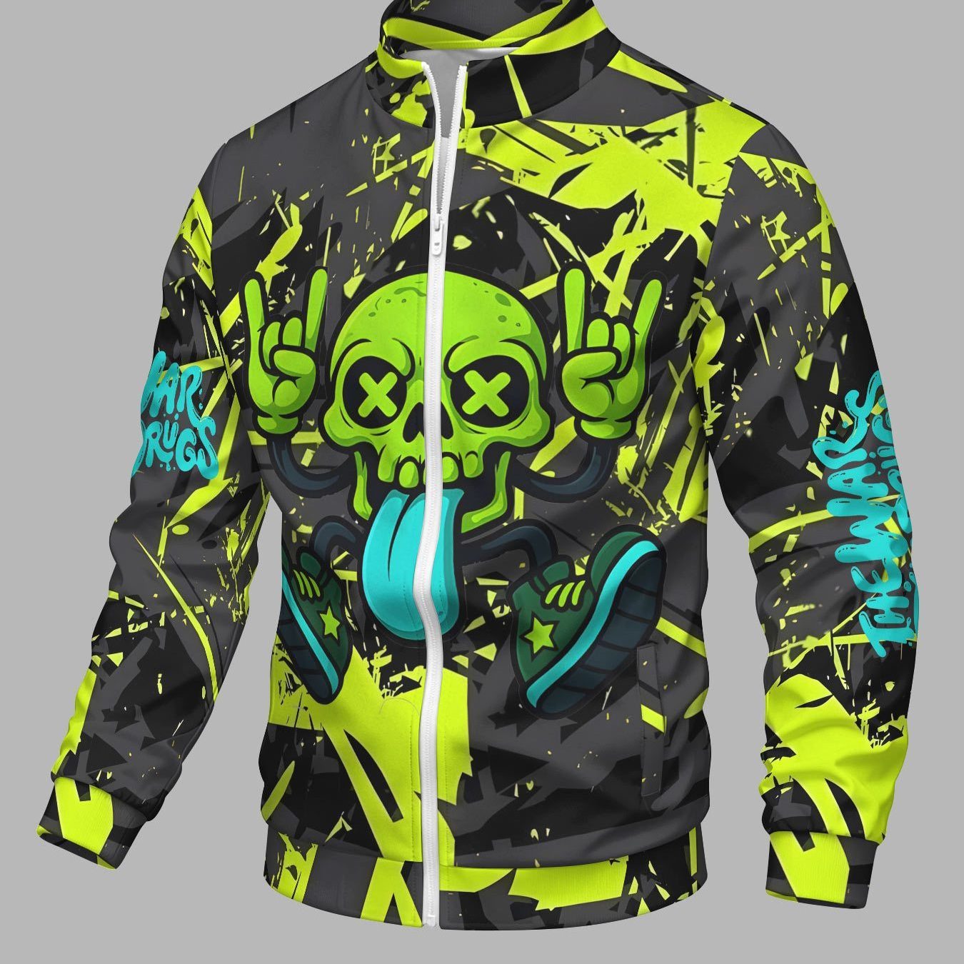 Image of New Arrival Men Stand Collar Zipper Jacket Comfortable Breathable Cool Long Sleeve Coat With Full Print Of Fluorescent Skull Splash Graffiti Contrast Rib Hem Gift For Men