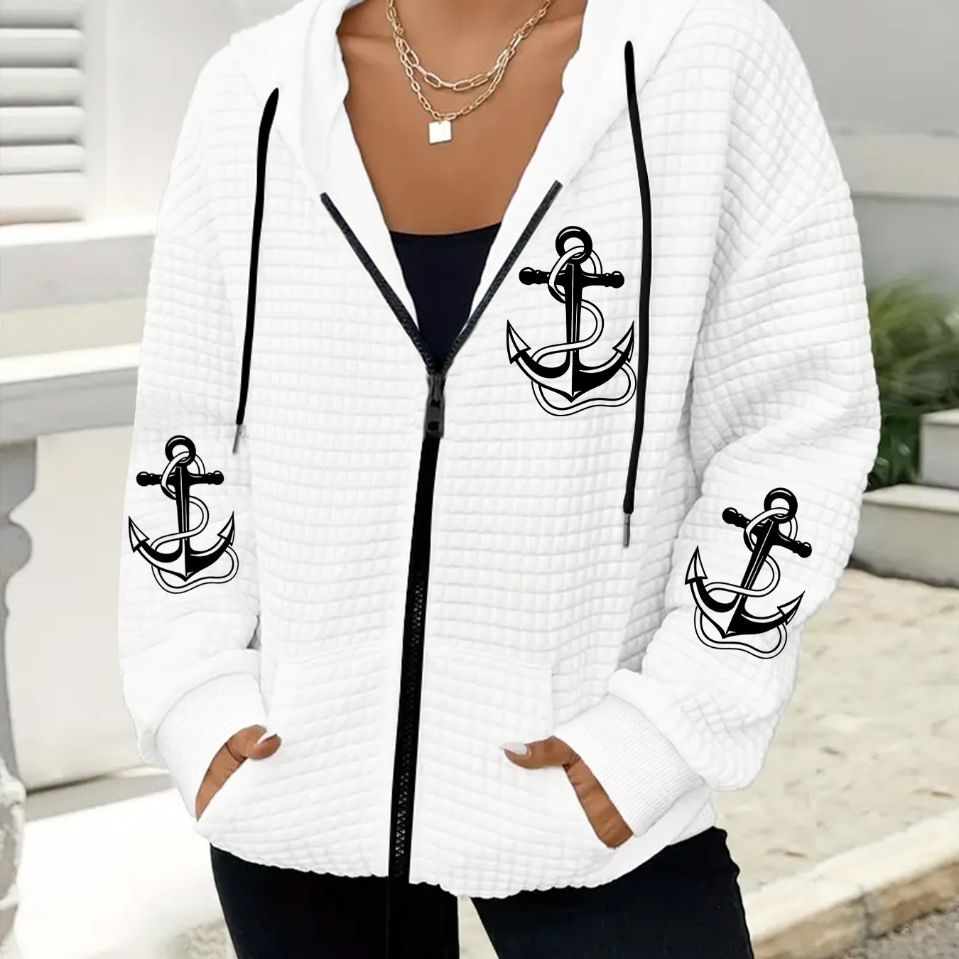 E-shop Plus Size, Neuheits-Hit Plus Size Damen Kapuzenjacke, Plus Size Damen Mode Waffel Kapuzenpullover Mantel, Hoodie mit , Casual Reißverschluss