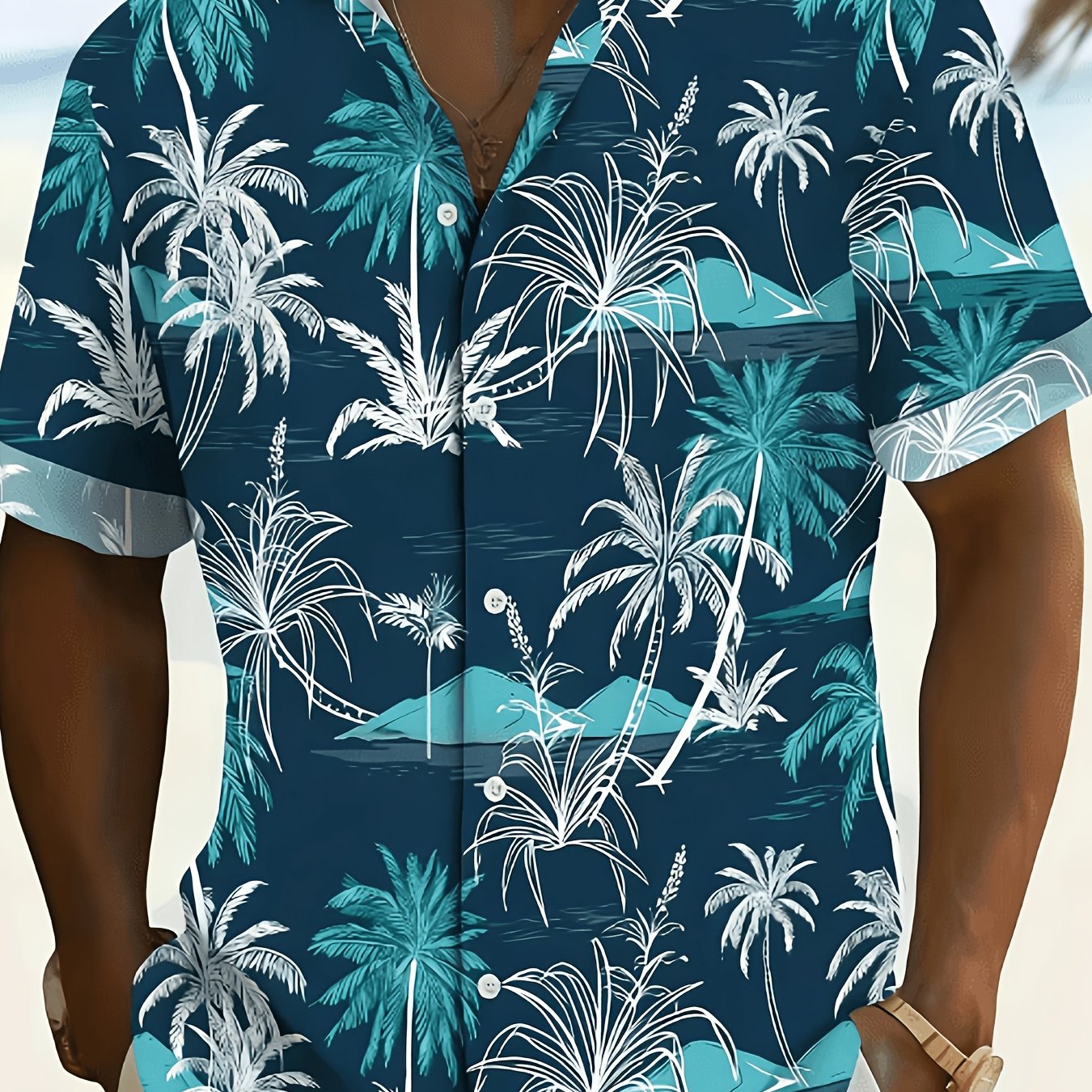 TEMU Men's Short-sleeve Button-up Shirt In A Color Palm Tree Pattern, Perfect For Casual Summer . This Lightweight And Breathable Fabric Is Ideal For