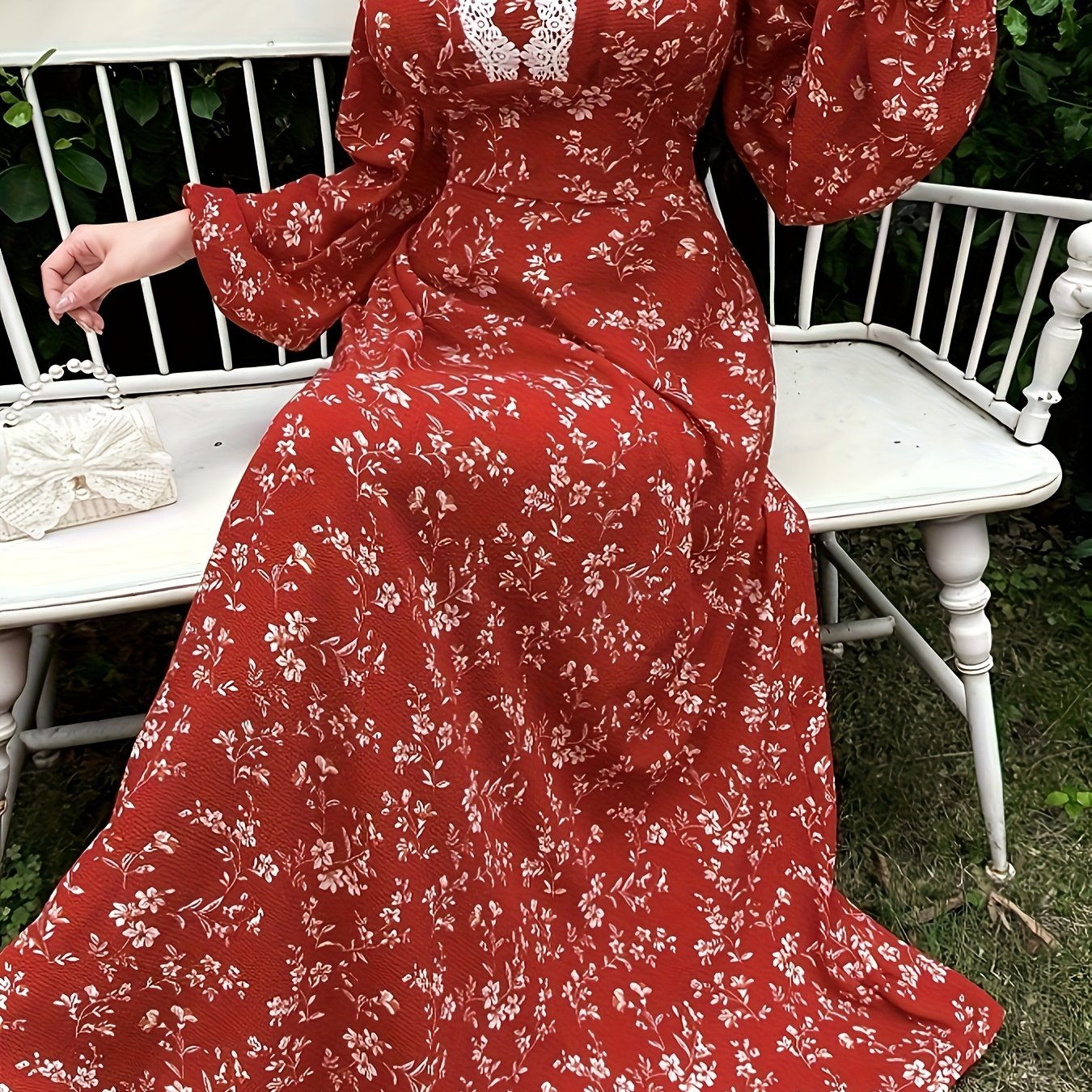 TEMU Women's Floral Lantern Sleeve Long Dress With Print, Ladies Bridesmaid Gown Elegant Holiday Attire