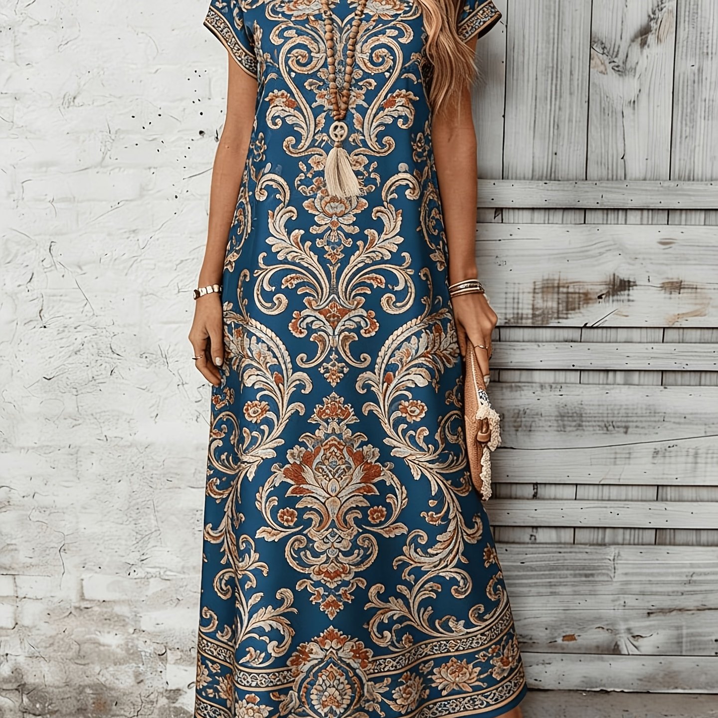 TEMU Wy260225041 European And Women's Printed Round Neck Loose Fit Dress For Vacation