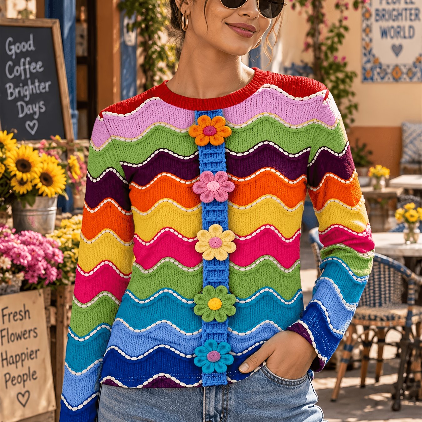 TEMU Barcode Women's Clothing 2d Color-block Wavy Pattern Long Sleeve Cardigan Top Handmade Floral Faux Sweater Printed Loose Outerwear Base Layer