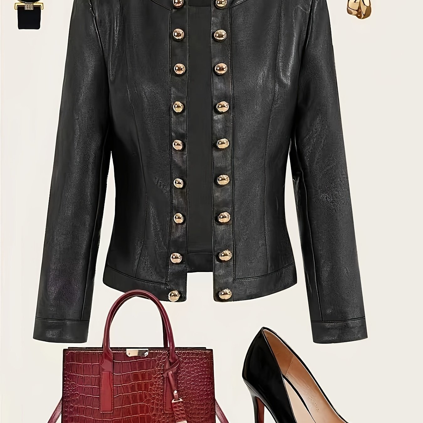 Cool Black Round Neck Leather Jacket Women Metal Button Decoration Short Waist Daily To Create A Temperament + Miss