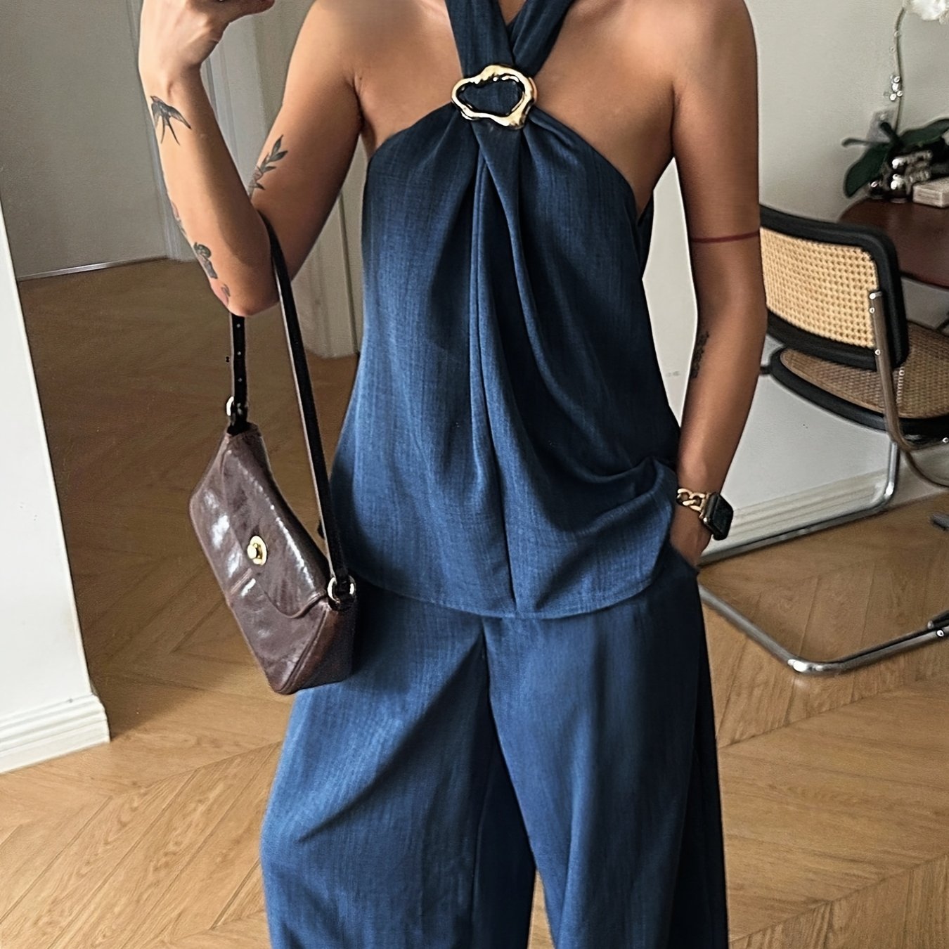 TEMU Women's Elegant Two-piece Vintage Coin Embellished Backless Halter Top And Wide-leg Pants Set