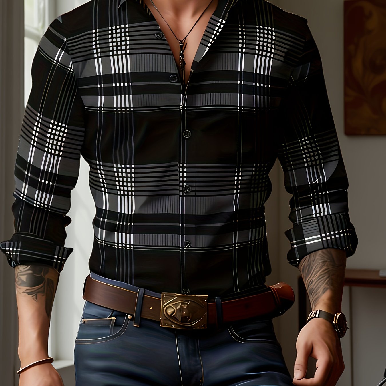 TEMU [yulemi Obm] Men's Retro Plaid Long-sleeved Shirt Black And Matching Slim Fit Casual Business Commuting Versatile Top
