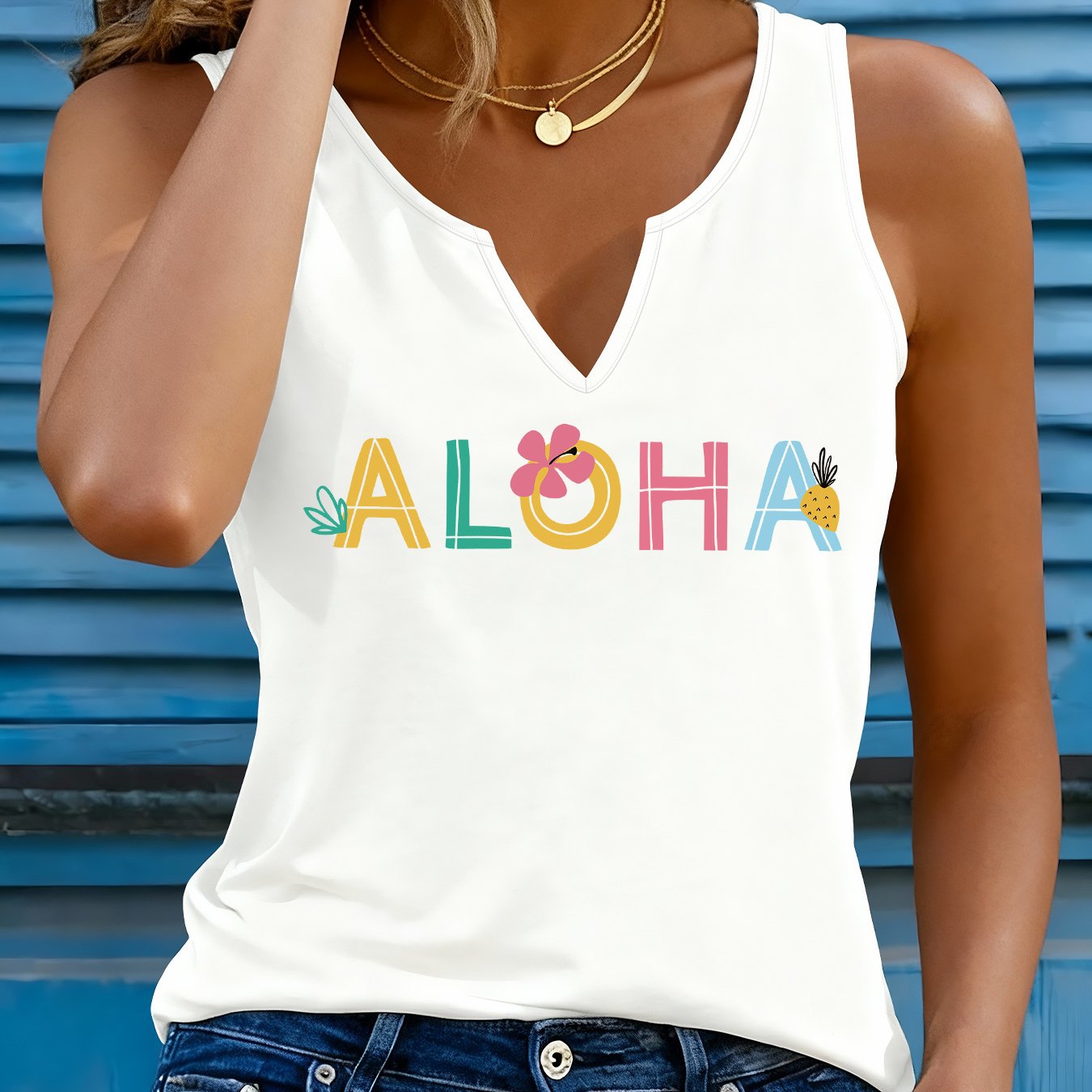TEMU (052#) Women's Fashion Refreshing Vest, V-neck Sleeveless Printed Tank Top For Women, Aloha Hawaiian Style Casual Versatile Top
