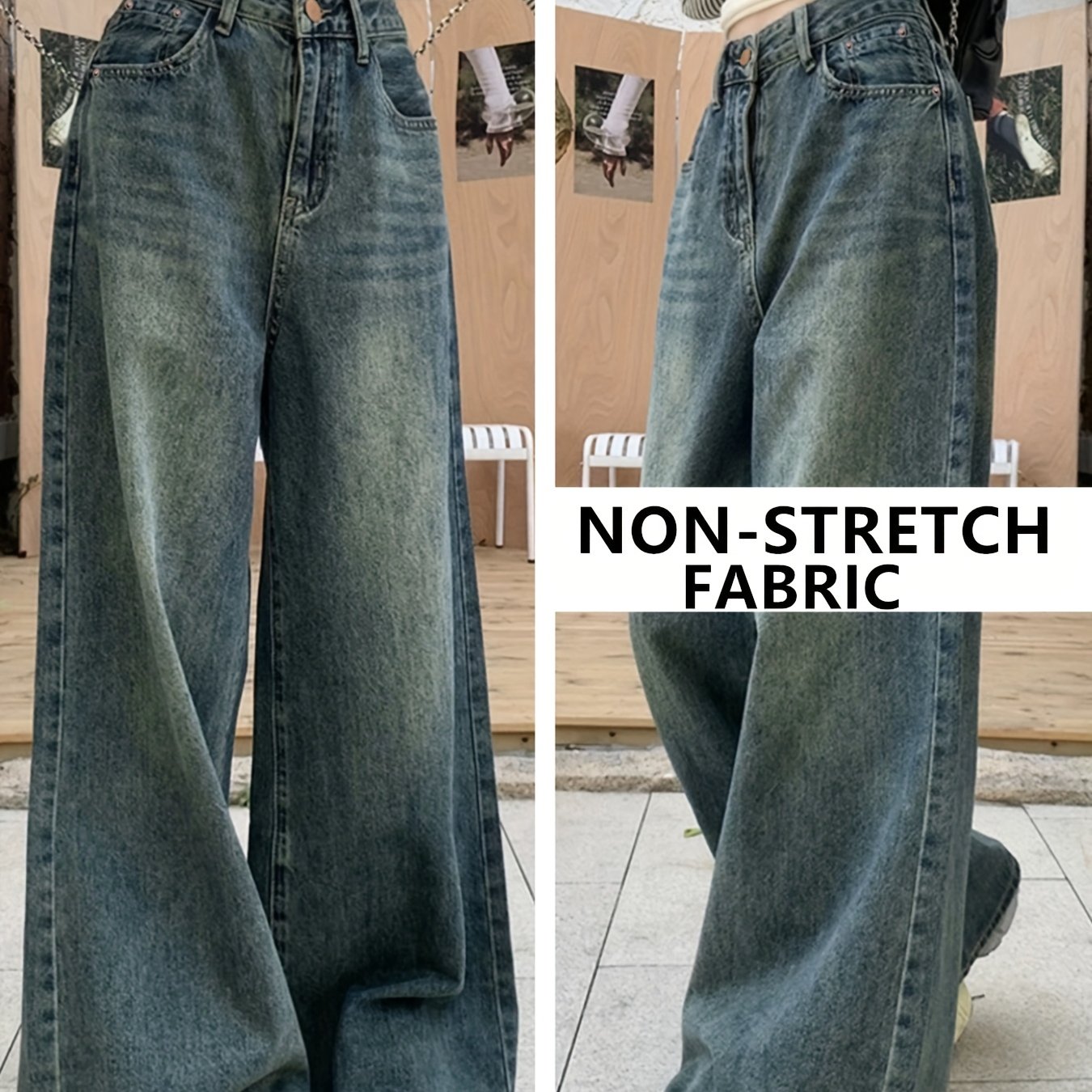 Women's Fashion European New Retro Loose Straight Wide-leg Floor-length Jeans, Belt Not Included
