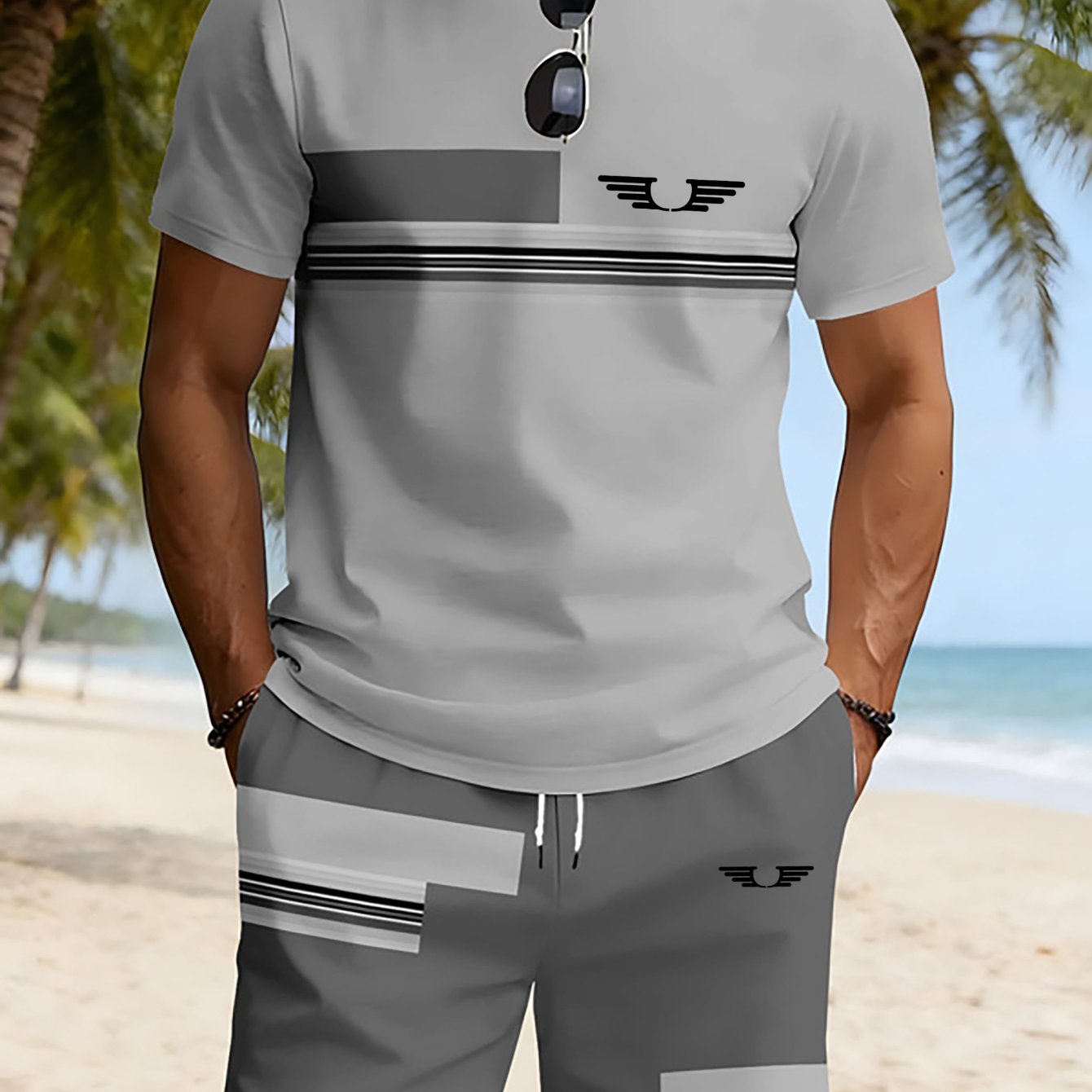TEMU Men's Trendy Casual Short-sleeve Outfit With A Round Neck And Print Design