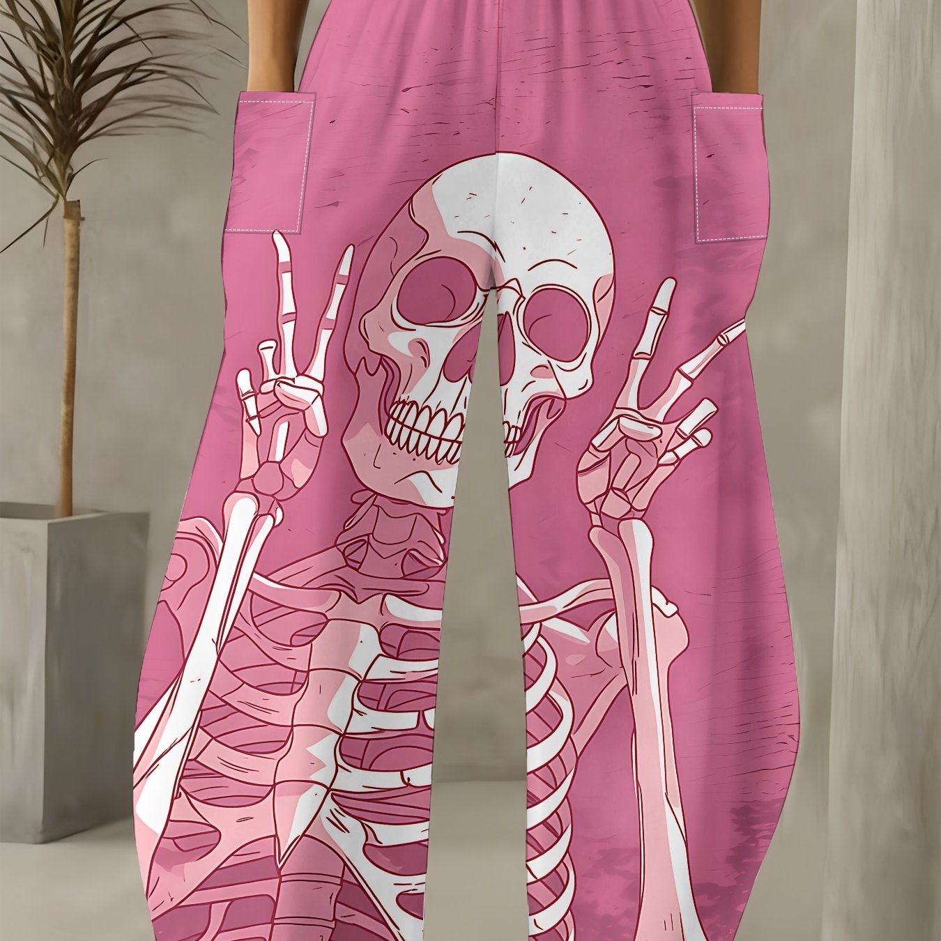 TEMU Women's Regular Size Sweet Skull Print Wide Leg Pants, Street Trendy High Waist Loose Casual Versatile Long Pants