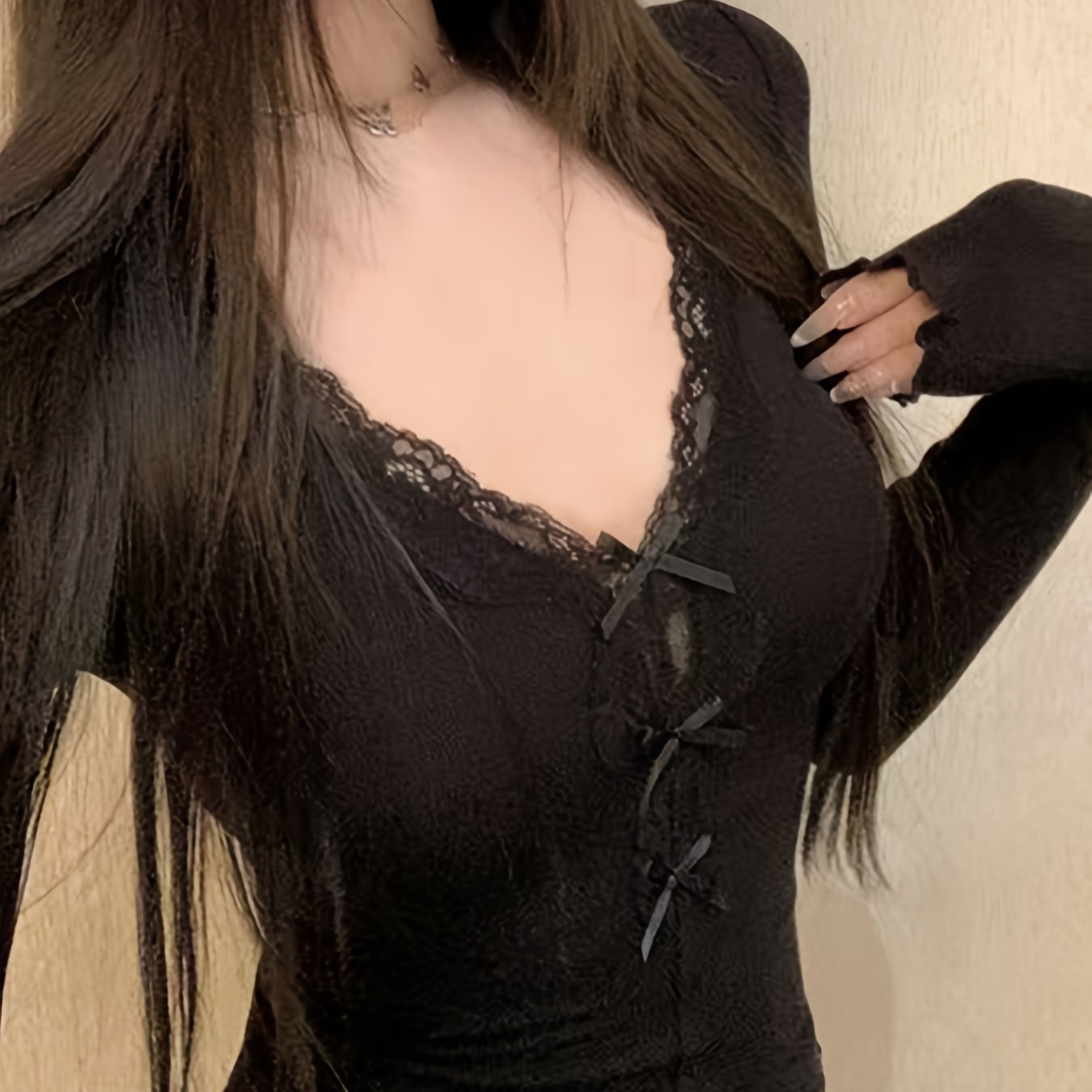 E-shop 2025 Neue Schleife Spitze V-Ausschnitt Langarm Y2K Jugendlich Sexy Sonnenschutz Herbst Reiner Wunsch Hot Top Weihnachten Damen Winterkleidung