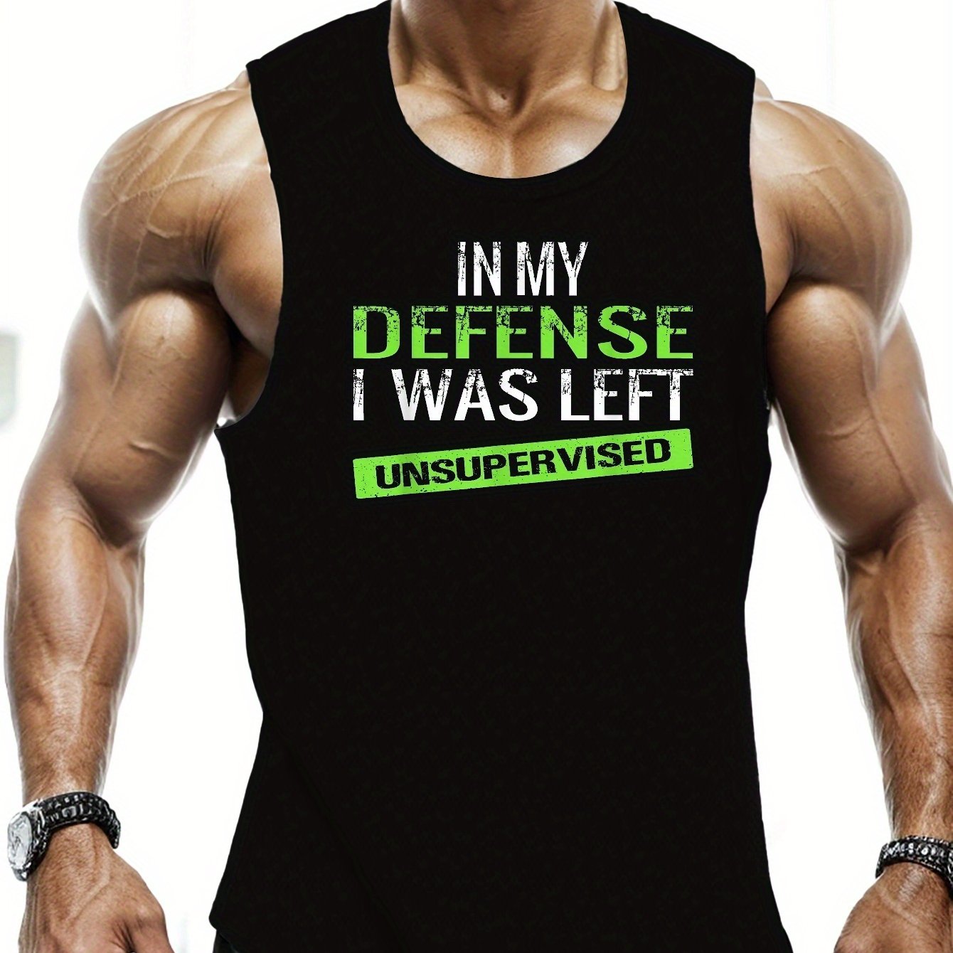 TEMU Plus Size, In My Defense I Was Print, Men's Trendy Tank Top, Casual Stretchy Workout Vest For Summer Fitness Bodybuilding, Men's Clothing