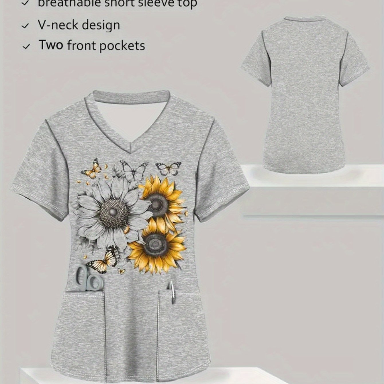 TEMU Women' Pattern Printed V-neck Uniform, Printed Work Clothes For Women, Comfortable And Fashionable Women's Short-sleeved Uniforms, Breathable