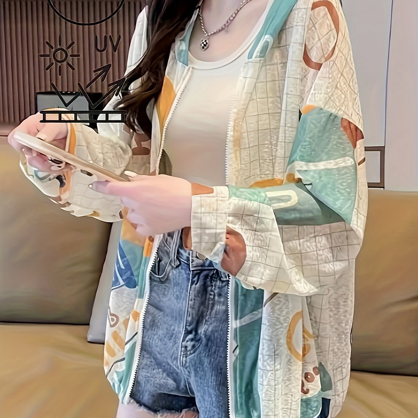 TEMU 夏用レディース日焼け防止シャツ、Uコート、フード付きカーディガン、おしゃれなプリントトップ/ビーチやアウトドアに最適