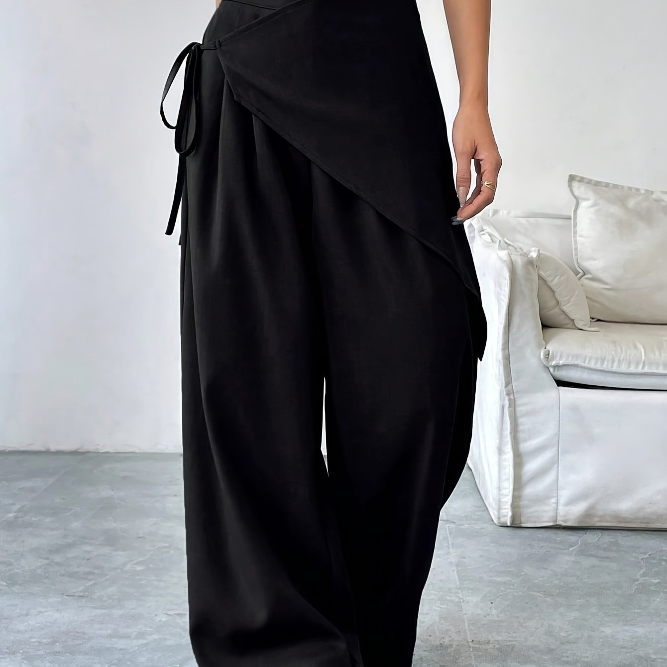 E-shop Damen Hose in Unifarben mit Kreuzbindung, Lockerer Schnitt, Beinlänge Casual