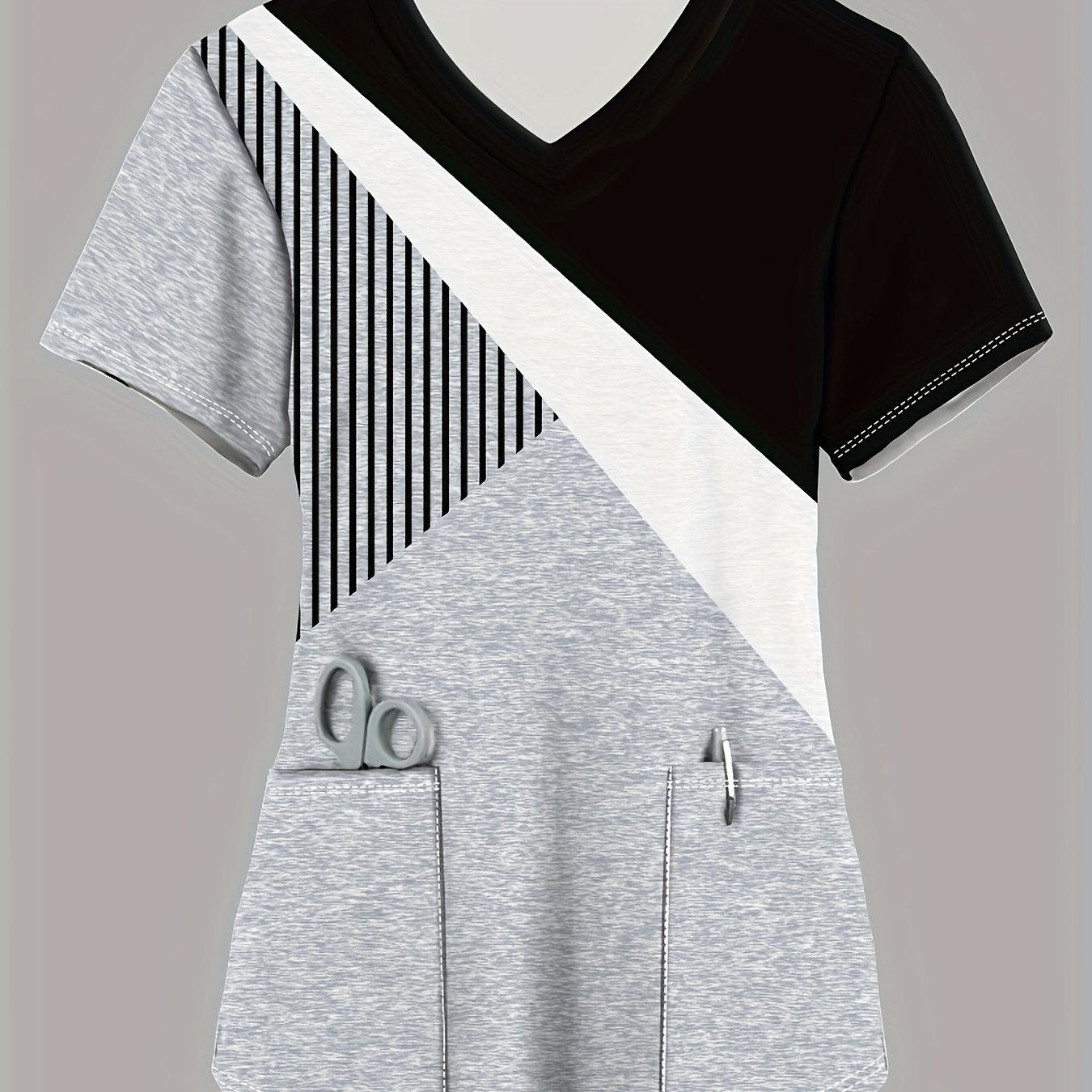 Image of Geometric Color-block Print Short Sleeve V-neck Top For Women, Comfortable Pocket Uniform, Breathable And, Machine Washable Wear