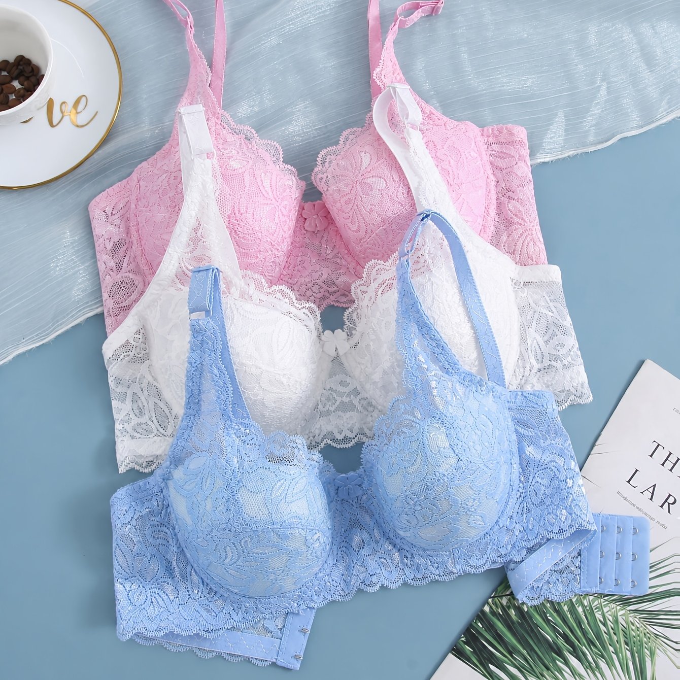 TEMU 3 Of Holes! 3pcs Set, Lace Gathering Sexy Thin Cup Bra Women