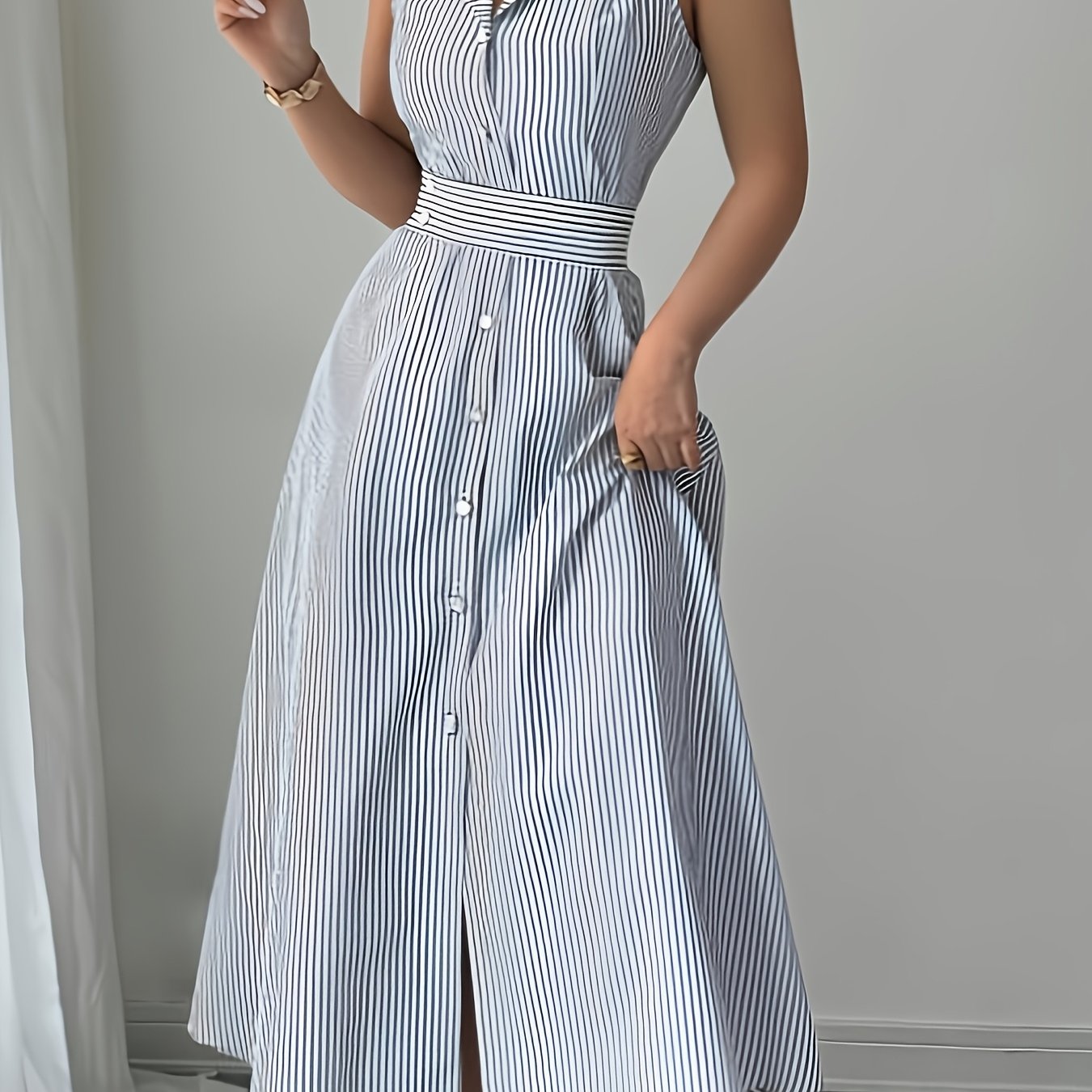 TEMU Women's Sleeveless Lapel Shirt Dress With Belted Waist - Vertical Striped Dress Suitable For, Commute & Social Events, Machine Washable Blouse