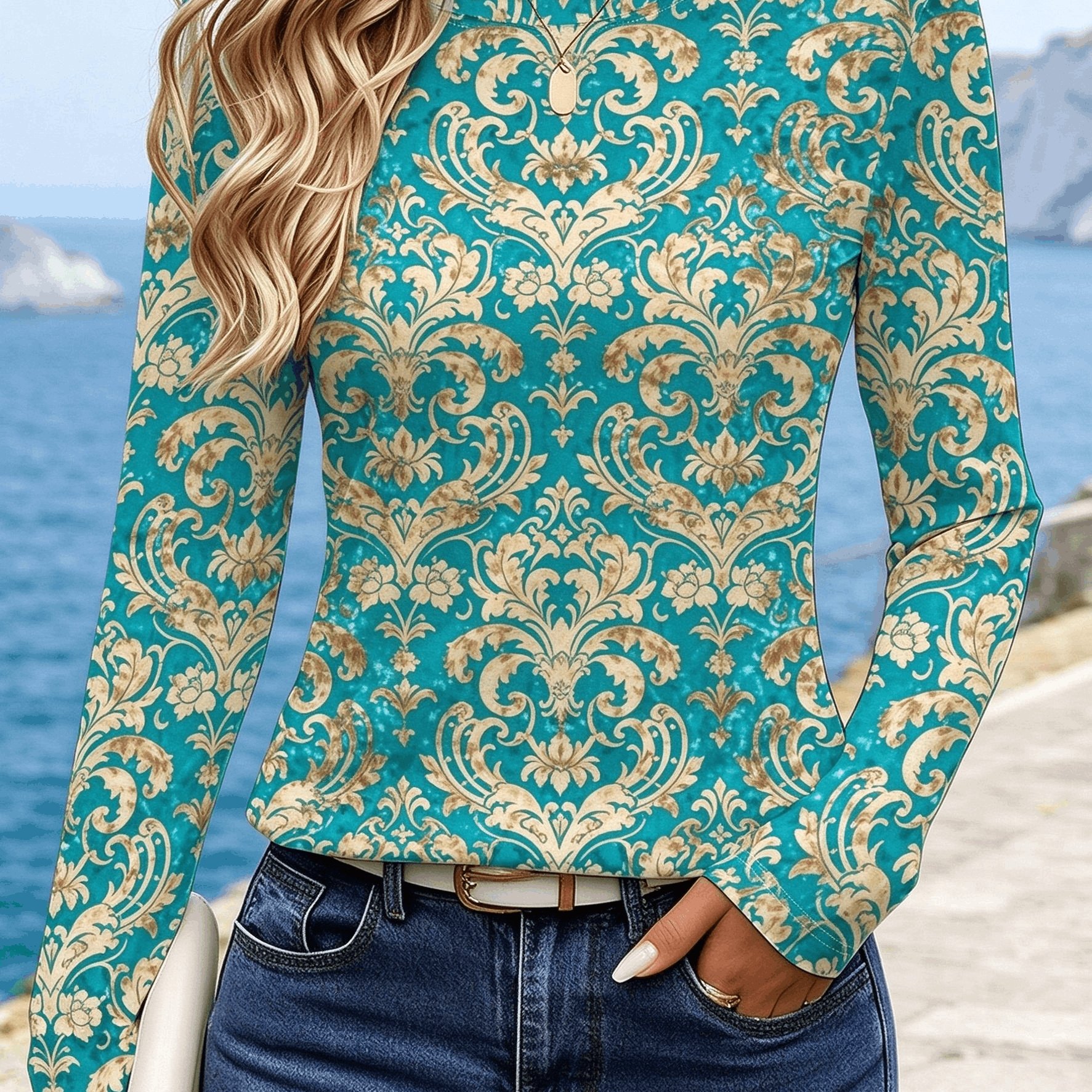 TEMU Conjunto de camisetas con estampado , camiseta casual de larga y cuello , /otoño, ropa de mujer - Estilo 085
