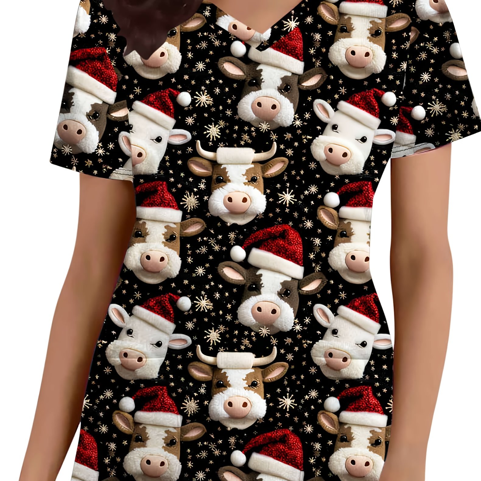 TEMU Christmas Women's Nurse T-shirt, Christmas Cow Print V-neck Short Sleeve, Functional Women' Top, Cute Soft Women's Nurse Uniform, Christmas