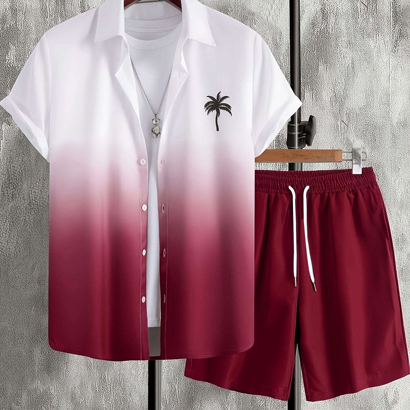 TEMU Completo da 2 pezzi: camicia a maniche corte con stampa sfumata di palme e pantaloncini con elastico in vita, stile
