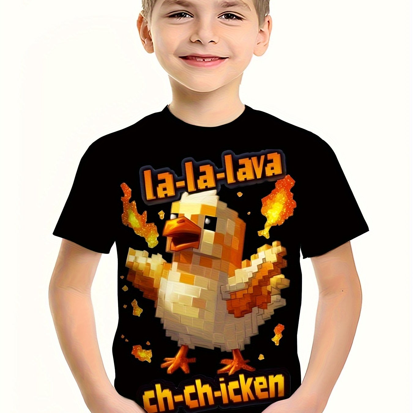 Image of Boys' 3d Cartoon Flame And Pixel Chicken Pattern T-shirt- Breathable Lightweight Summer Crew Neck Casual Top, Suitable For Outdoor Sports And Daily Wear, Youth