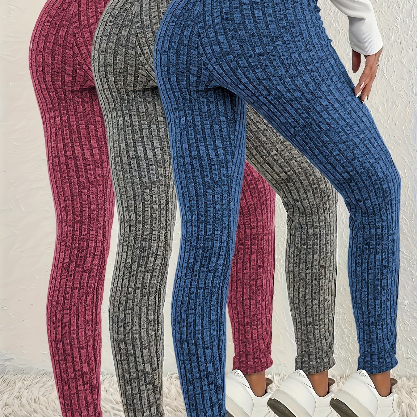TEMU Grande Taille - Grande Taille - Lot de 3 Leggings Skinny Femme Grande Taille | Stretch Moyen, Couleur Unie, Style Décontracté pour Automne/Hiver