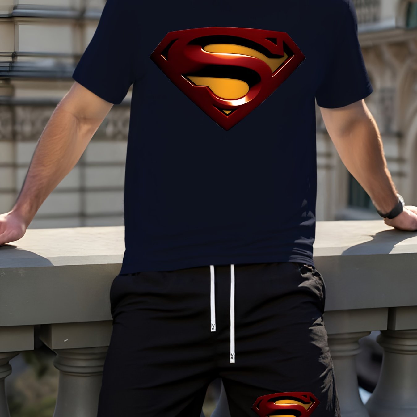 TEMU Wb Superman Series Theme Printing Men Leisure Set, Lightweight And Breathable Summer Casual T-shirt Shorts With Adjustable Drawstring Waist And