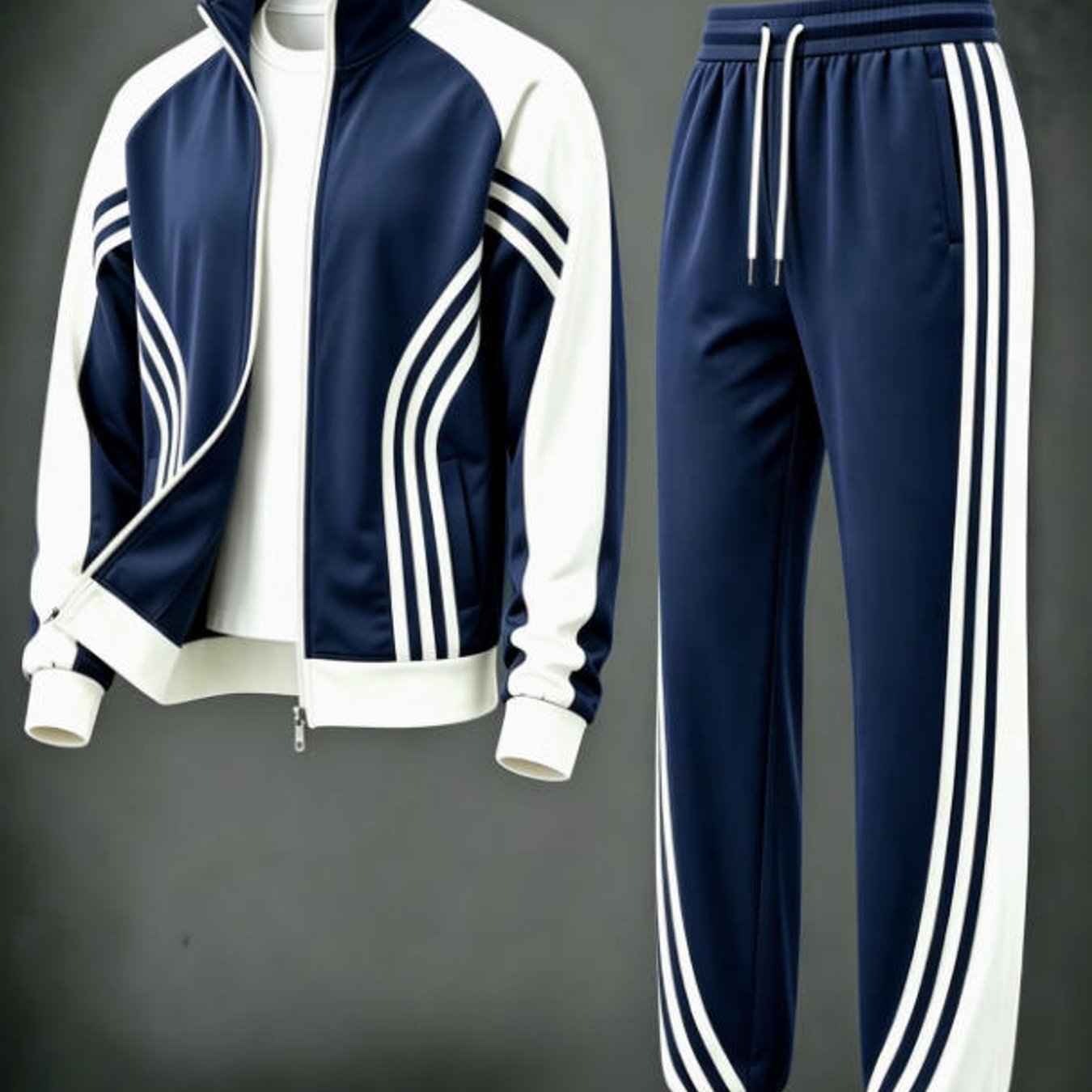 TEMU Tracksuit Set Men's Fashion 3 Stripe Detail Stand Collar Zip Jacket Elastic Waist Pants Adult Men Fall Winter Sportswear Gift