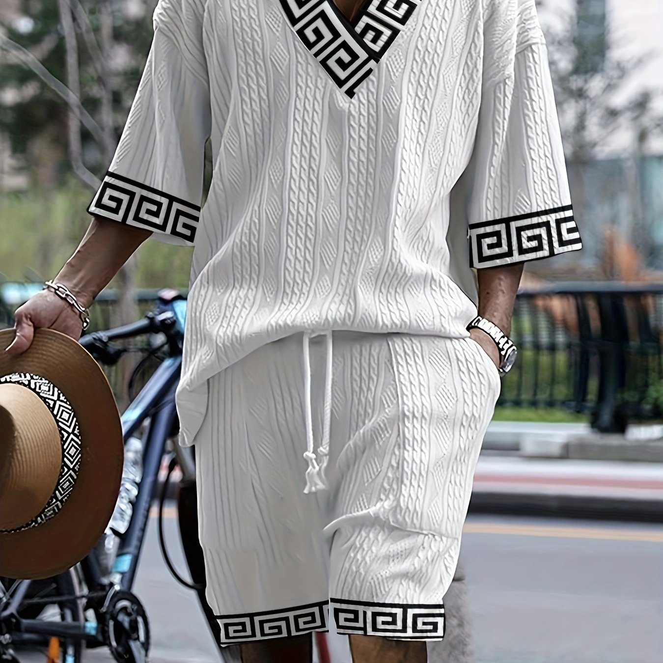 Image of Men's Summer Casual Suit, Casual And Fashionable Jacquard Short-sleeve Top, Easy And Classic Geometric Charm, Elegant And Not Easy, Suitable For Daily Wear, Plus Size