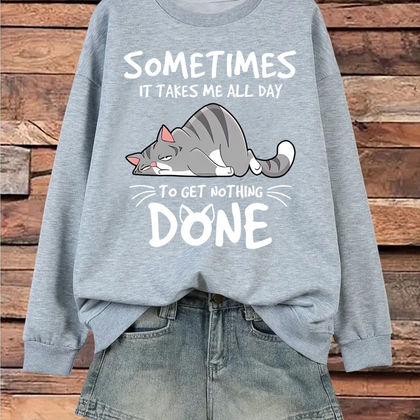 TEMU 1pc Women's Oversized Fleece-lined Sweatshirt - Cozy Cat Print & Humorous Quote Design, Soft Pink Casual Clothing, Round Neck, Machine Washable,