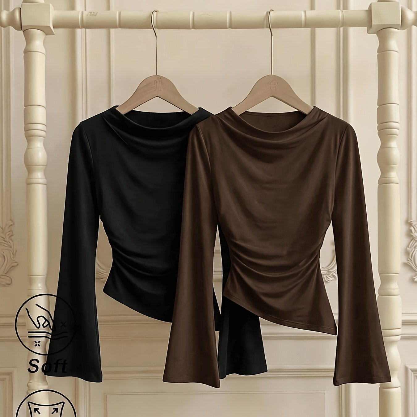 TEMU 2pcs Set Solid -shoulder Long Flared Sleeve Top With Asymmetrical Hem And Fitted , Suitable For Parties, Date Nights, Valentine's Day, Spring,