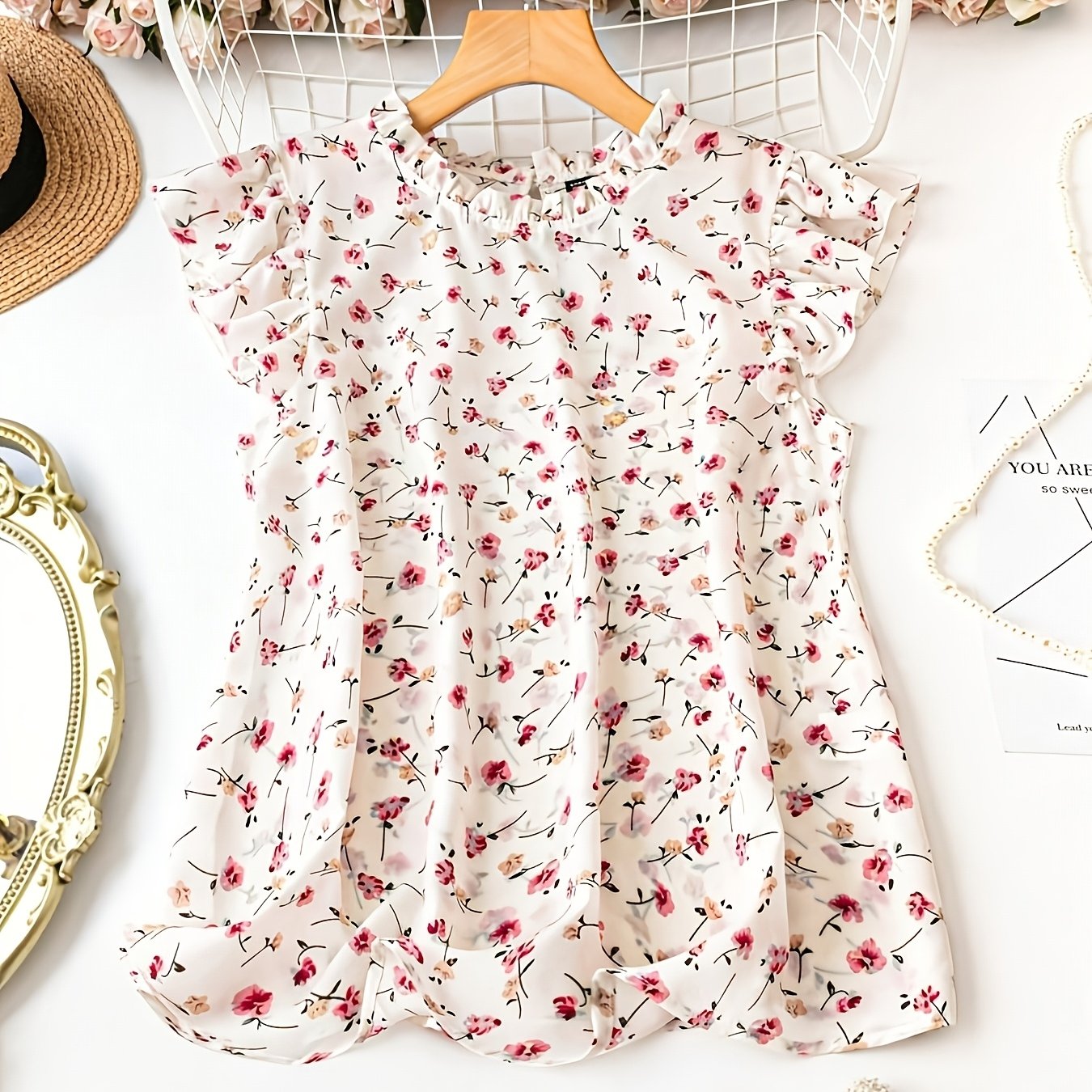 TEMU Ladies' Elegant Short-sleeved Top With Ruffle Trim