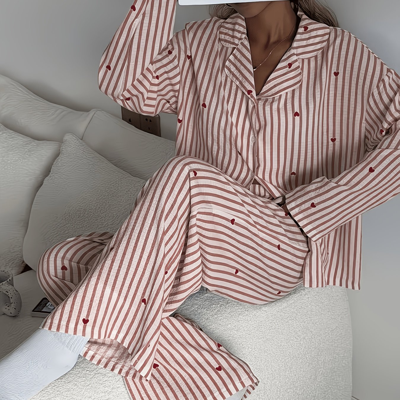 TEMU Four-season Bubble Wrinkle Pajama Set, Heart Stripe Print Long Sleeve Long Pants, Women's Comfortable Homewear Pajamas