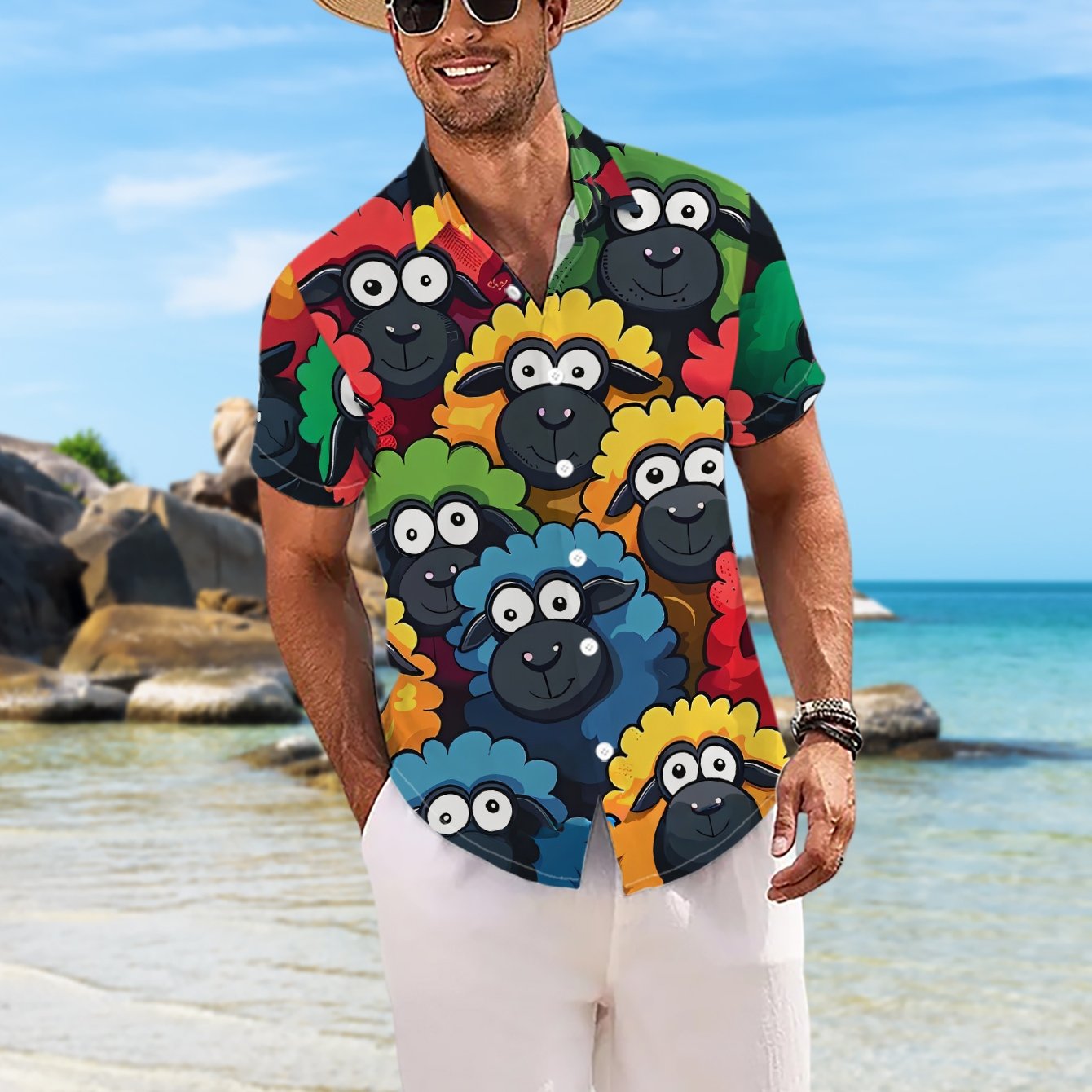 TEMU 's Casual Short-sleeve Shirt, Colorful With Black Face, Sheep With Round Eyes , Versatile For Festivals, Parties, And Commuting, Polyester