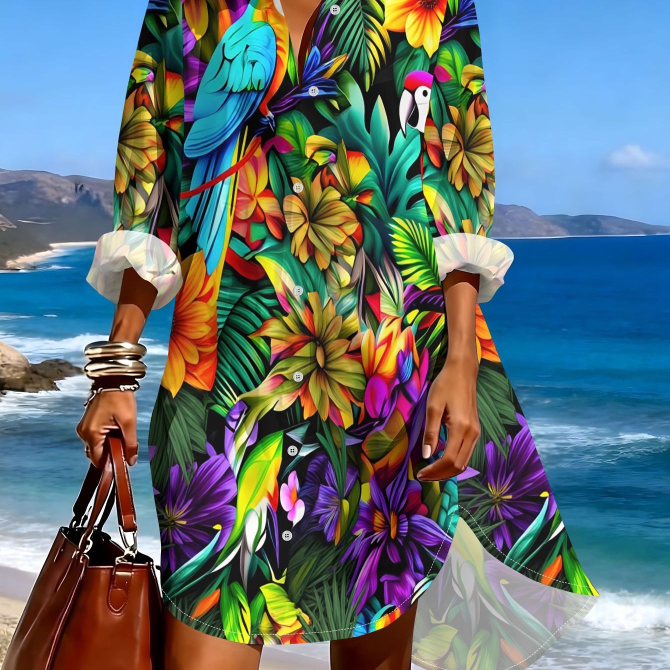 TEMU Tropical Floral Long Sleeve Shirt, Summer Casual