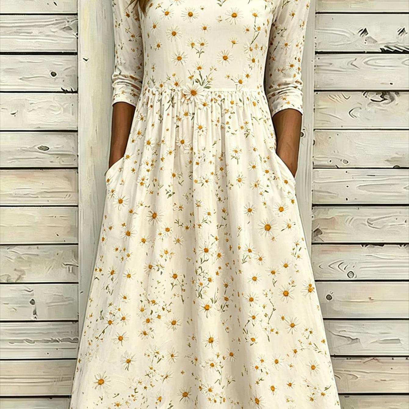 Plus Size, Plus Size-plus-size Women's Color-block Floral Print Round Neck Pocket Mid-length Dress
