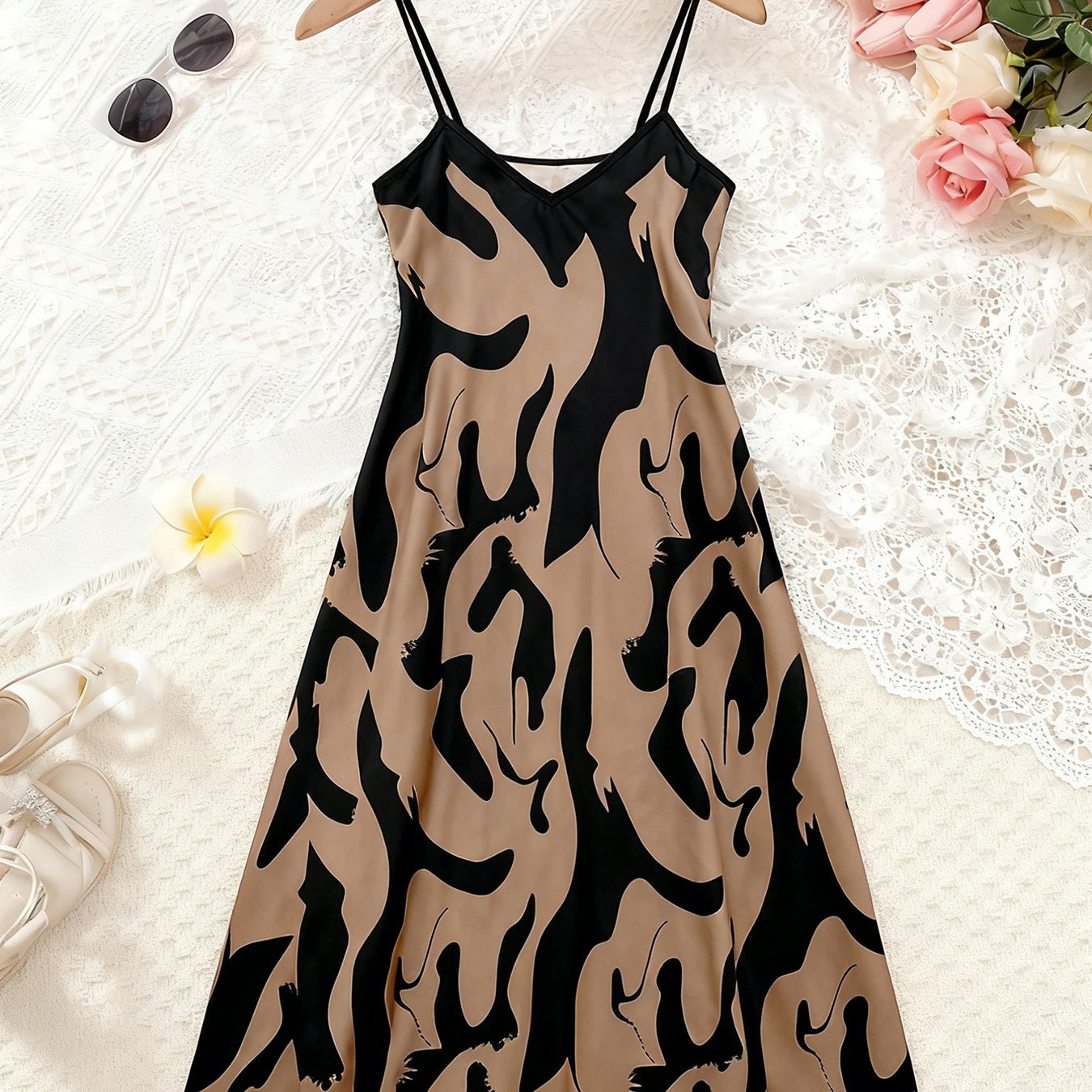 Image of Girl' Strap Ink Wash Print Long Dress, And Black Contrast Color Loose Dress, Children's Casual Long Dress