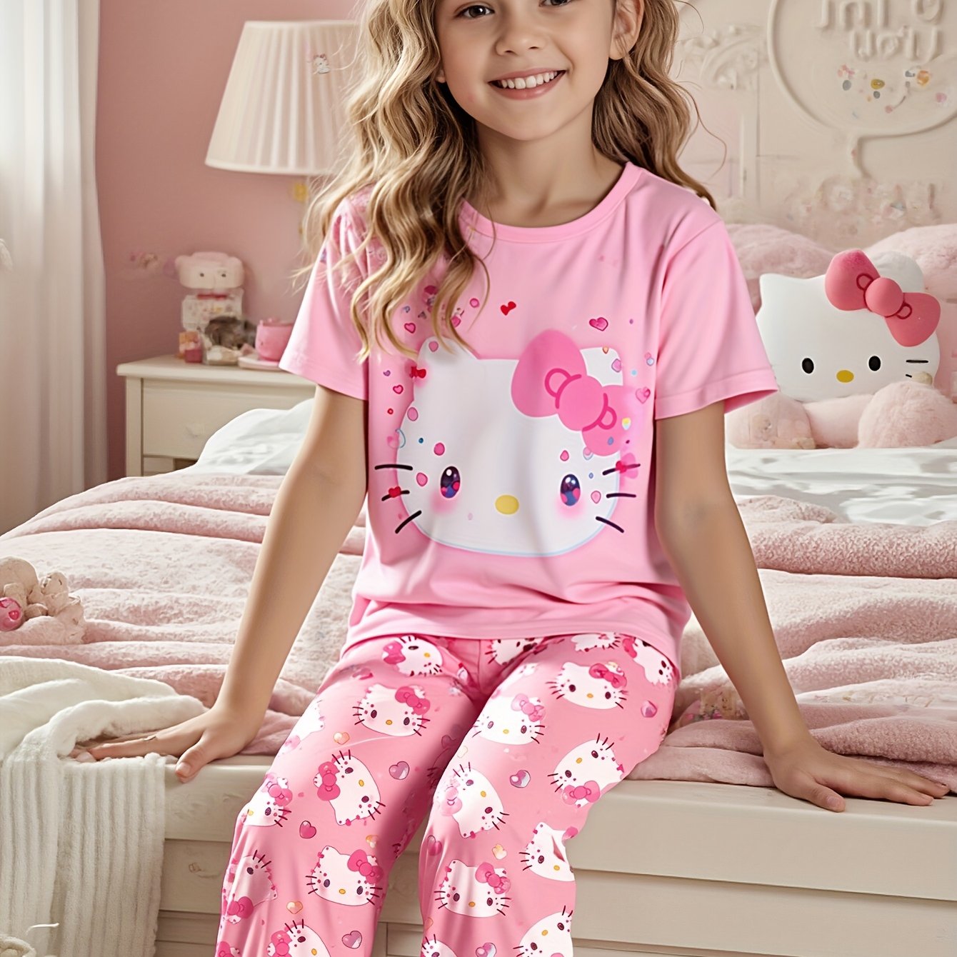 Flame-retardant Girls' Round Neck Print Short Sleeve T-shirt And Long Pants 2pcs Set