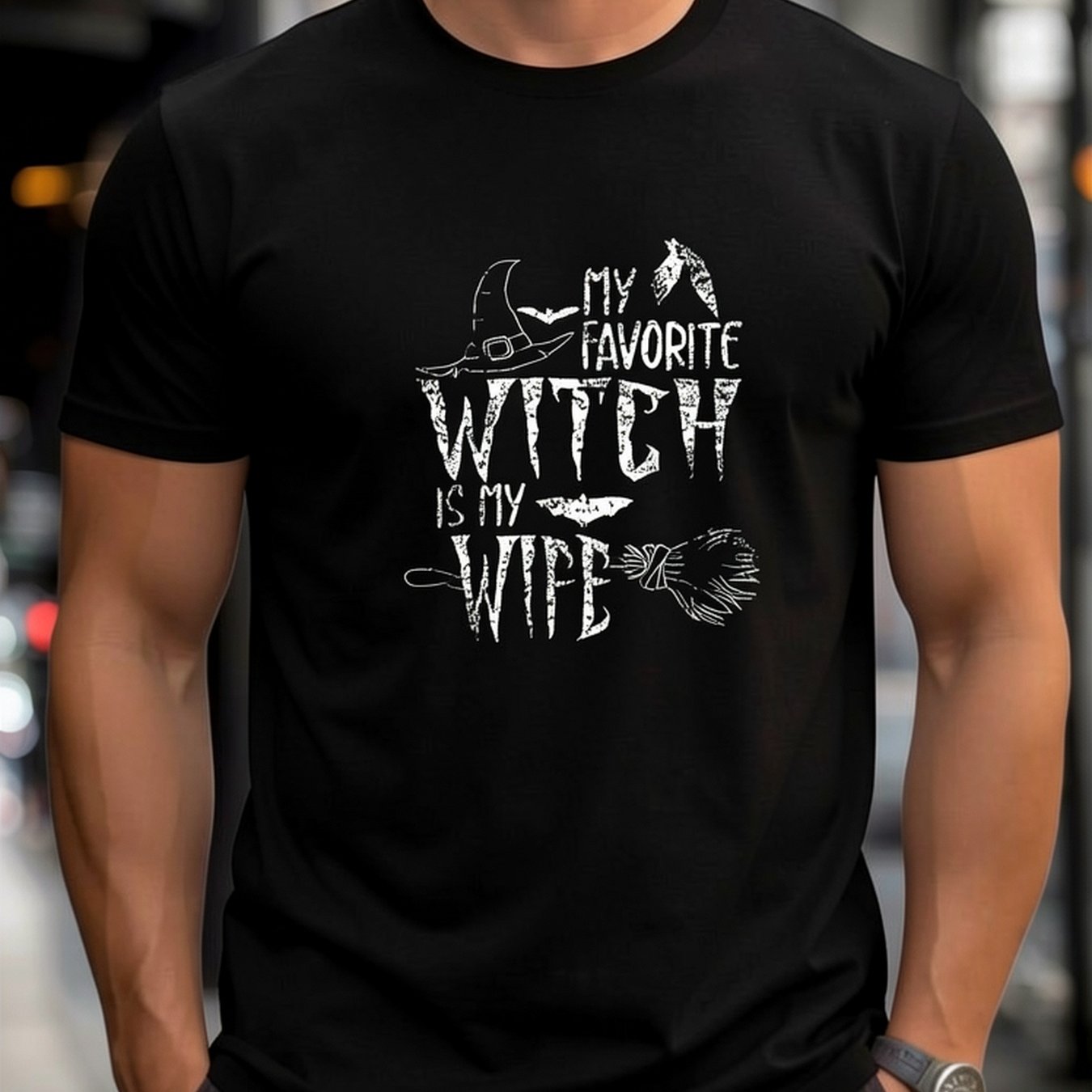 TEMU Men's ' Witch Is My Wife' Graphic Tee - Casual Crew Neck, Short Sleeve, Cotton T-shirt For Summer, Black With White Print, Lightweight &