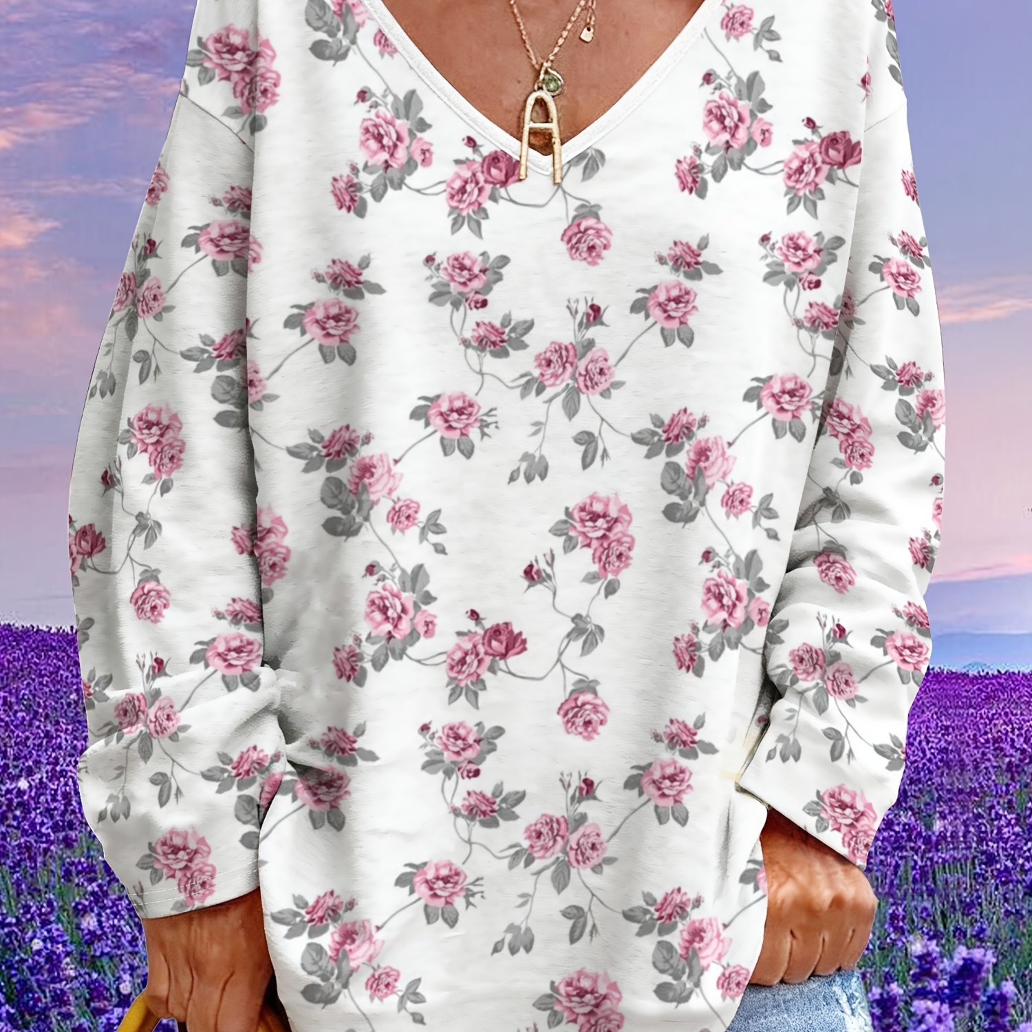 TEMU Women' Blouse With V-neck - Full-body Pink Rose Print, Loose Fit Long Sleeve Top, Casual Elegant Shirt Suitable For Spring/autumn, Machine