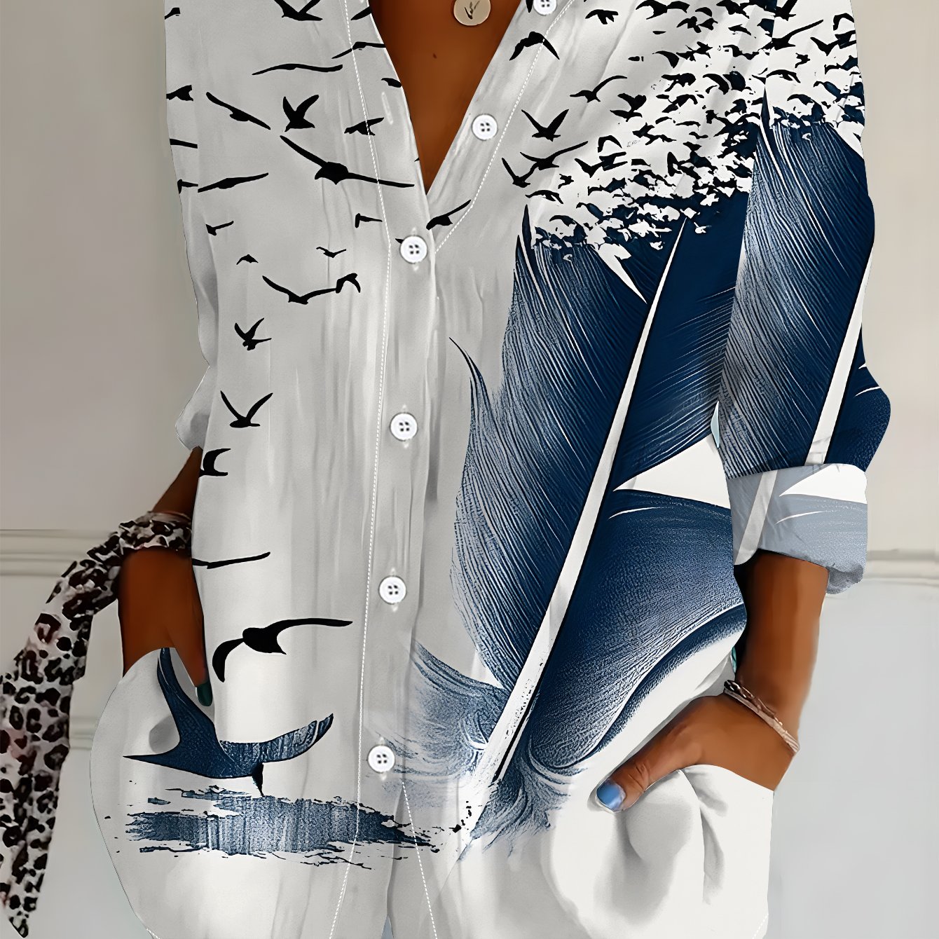 TEMU Plus Size, Women's Long Sleeve Shirt, Flying Bird Style, Printed Shirt, , Women's Floral Shirt, Blue And White Minimalist Style, Casual Women's
