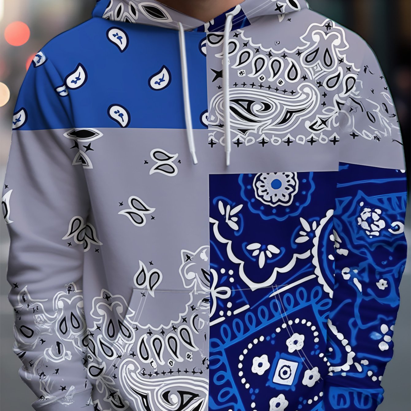TEMU Men's Hooded Sweatshirt In Blue-gray With White Paisley And Floral Patterns