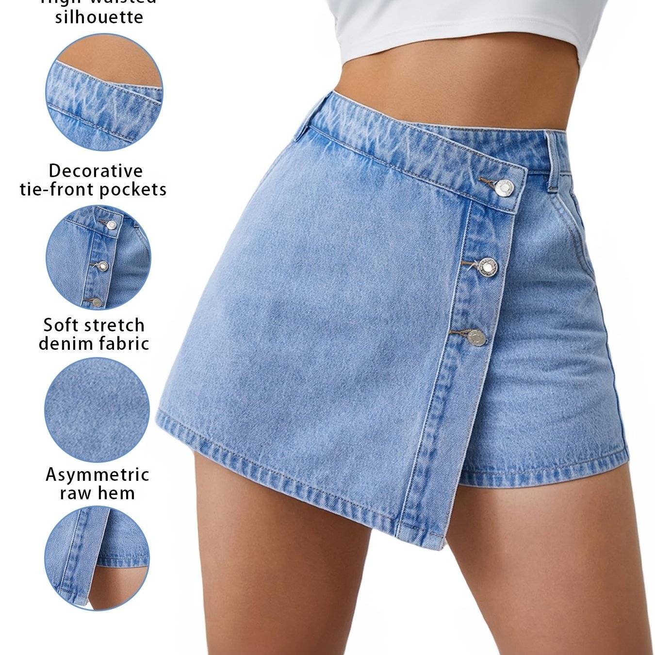Image of Women's Mid-rise Denim Shorts, Casual Skirt Pants, Asymmetrical Button Denim Shorts, Skirt Pants Denim Shorts