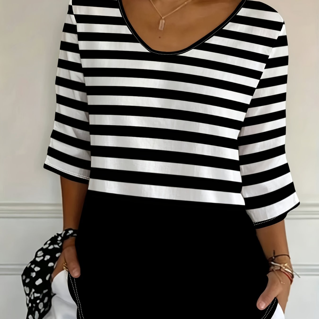 TEMU Plus Size, [printe Esign-not Texture] American-style Short-sleeve V-neck Three-quarter Sleeve T-shirt For Women, New European And American