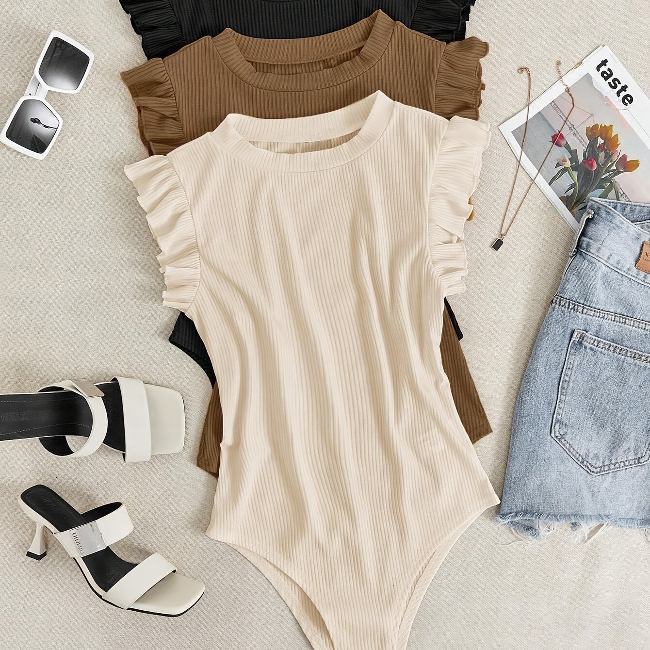 Summer Solid Color Round Neck Ribbed Bodysuit 3pcs Set