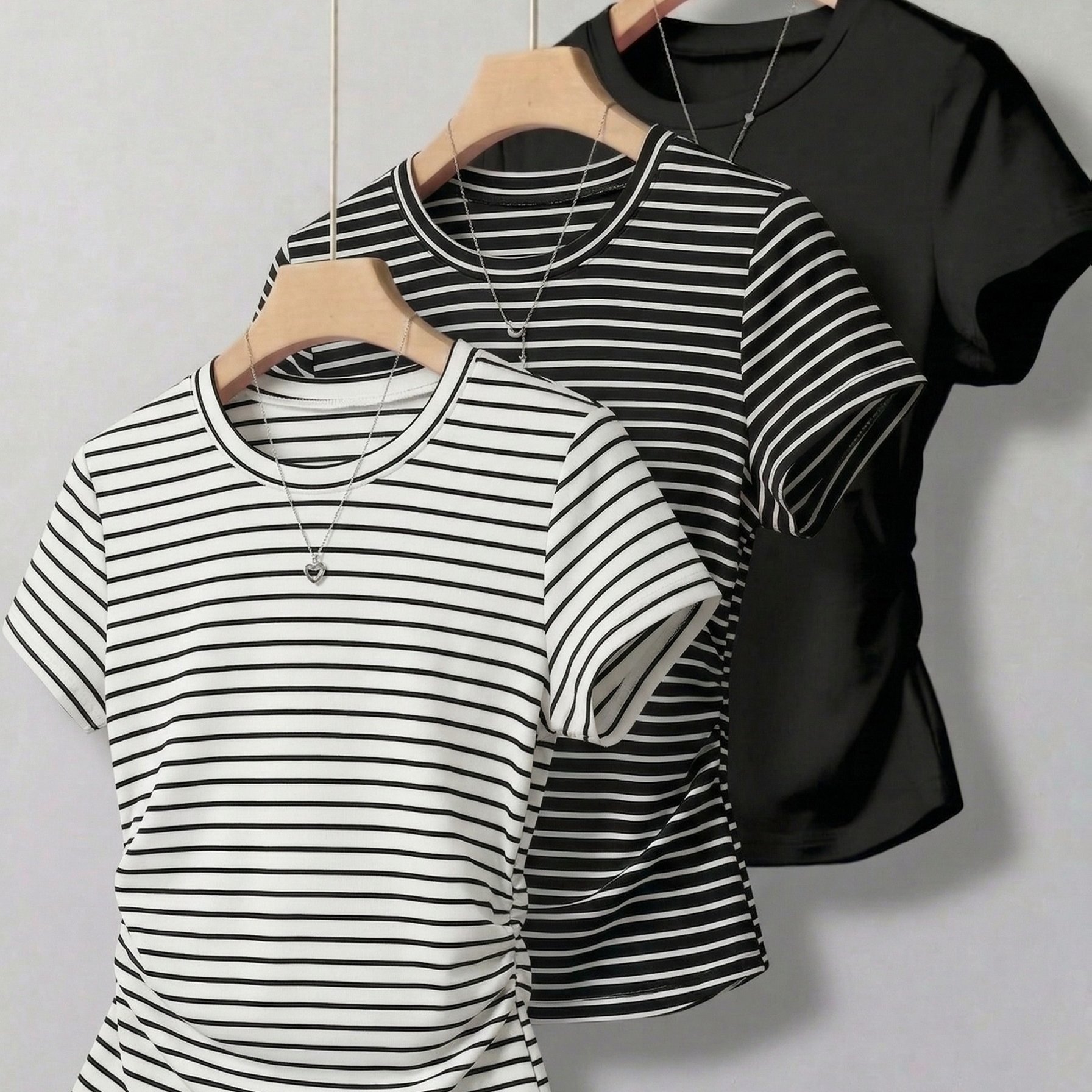 TEMU 3pcs Set Of Women's Spring/sumer Color- And Solid Color Fitted T-shirts, With Waist For A Casual Shirt Look