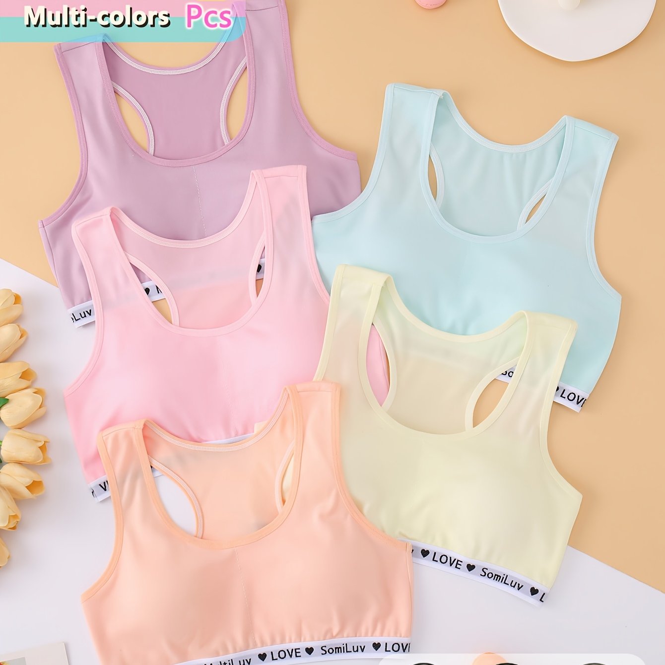 TEMU 2 Soutiens-gorge pour filles, débardeurs à rembourrage amovible, couleurs aléatoires Sofy et soutiens-gorge de sport élastiques, sous-vêtements
